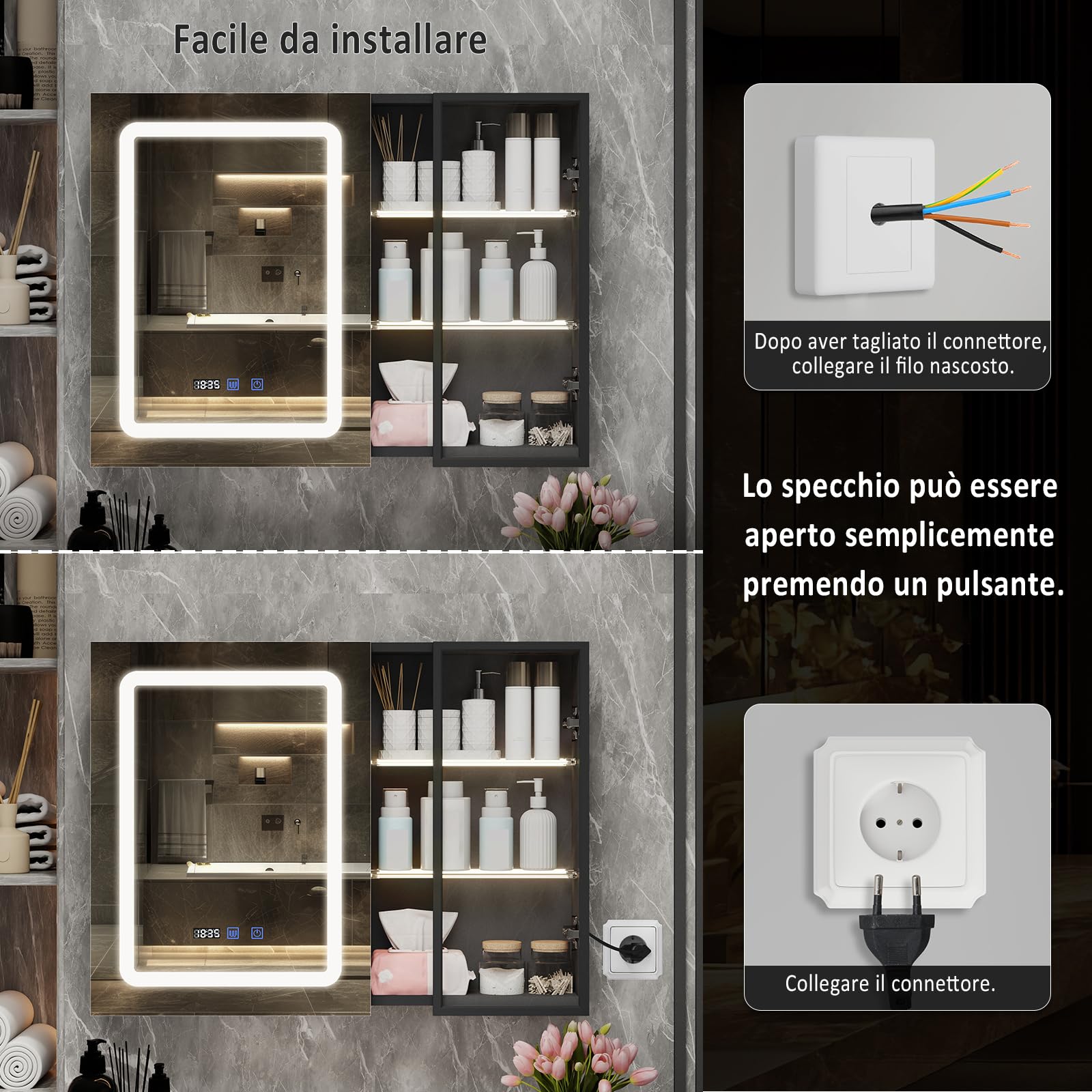 YU YUSING Specchio Contenitore Bagno con Luce 80x15x60 cm, Mobile Bagno con Specchio, Armadietto Bagno Sospeso, Specchiera bagno, 2 Ripiani Illuminati Aperti, Anta in Vetro, 3 Modalità di Luce, Nero