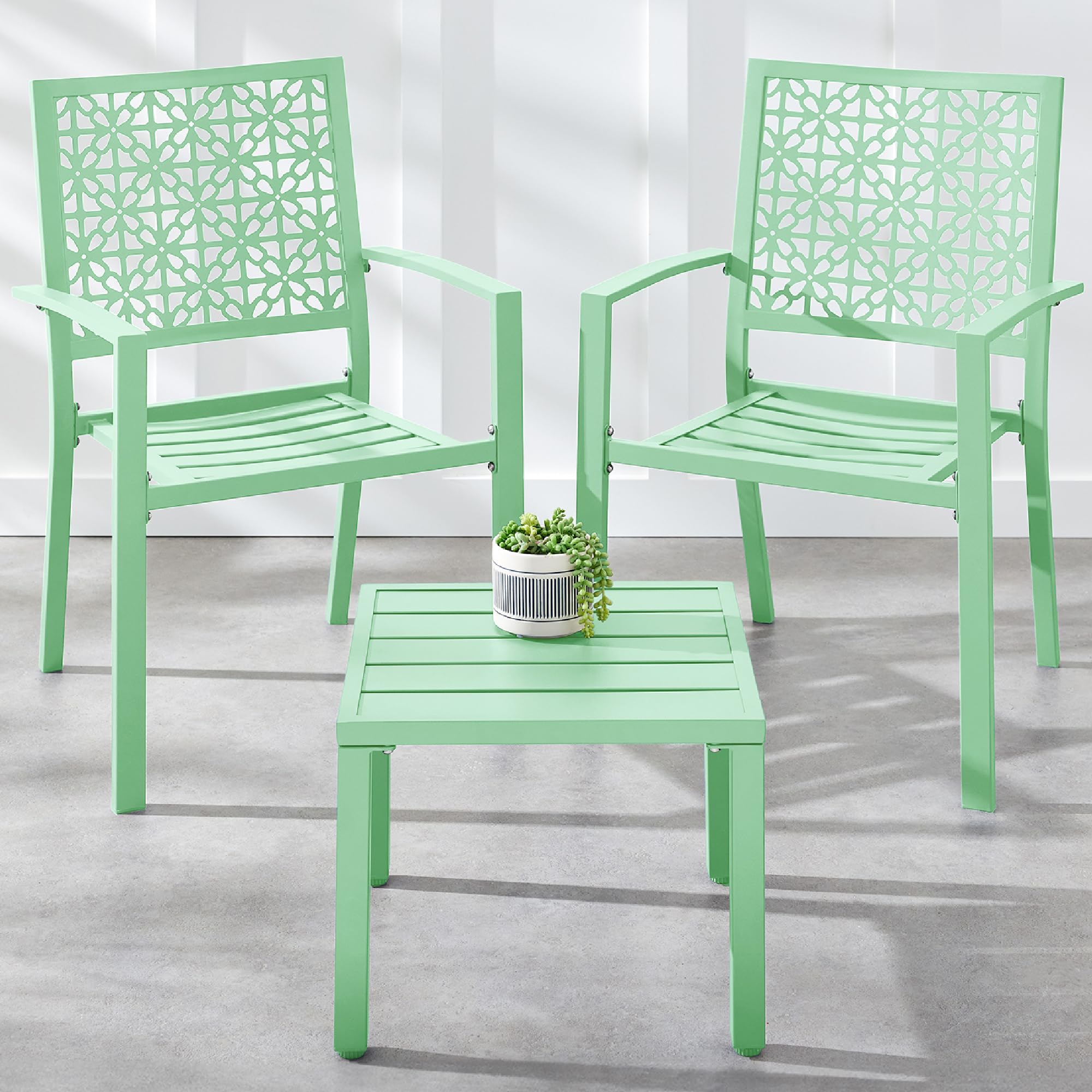 Best Choice Products 3-Piece Outdoor Bistro Set, Stackable Modern Steel Furniture for Porch, Garden w/ 2 Chairs, Table, Geometric Decor - Mint Green