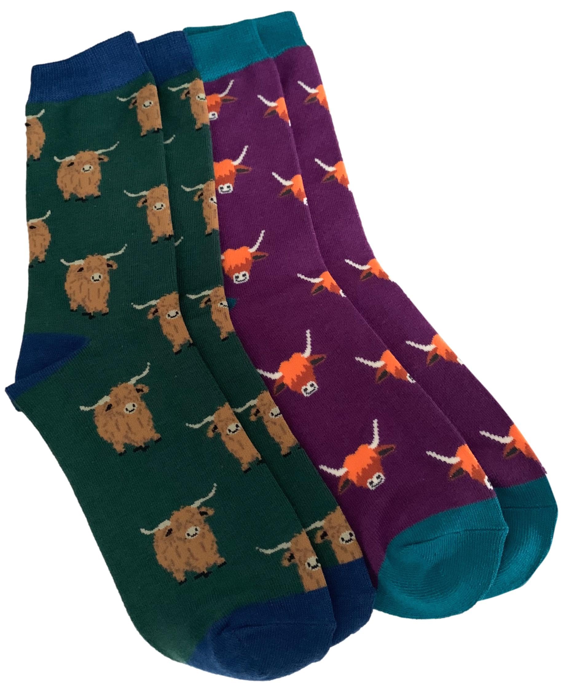 Purple Possum Men's Green Purple Possum® Highland Cow Socks Bamboo Cotton Blend Cattle Cows Gents Novelty Fun Socks In And Purple 2 Pair Multi Pack
