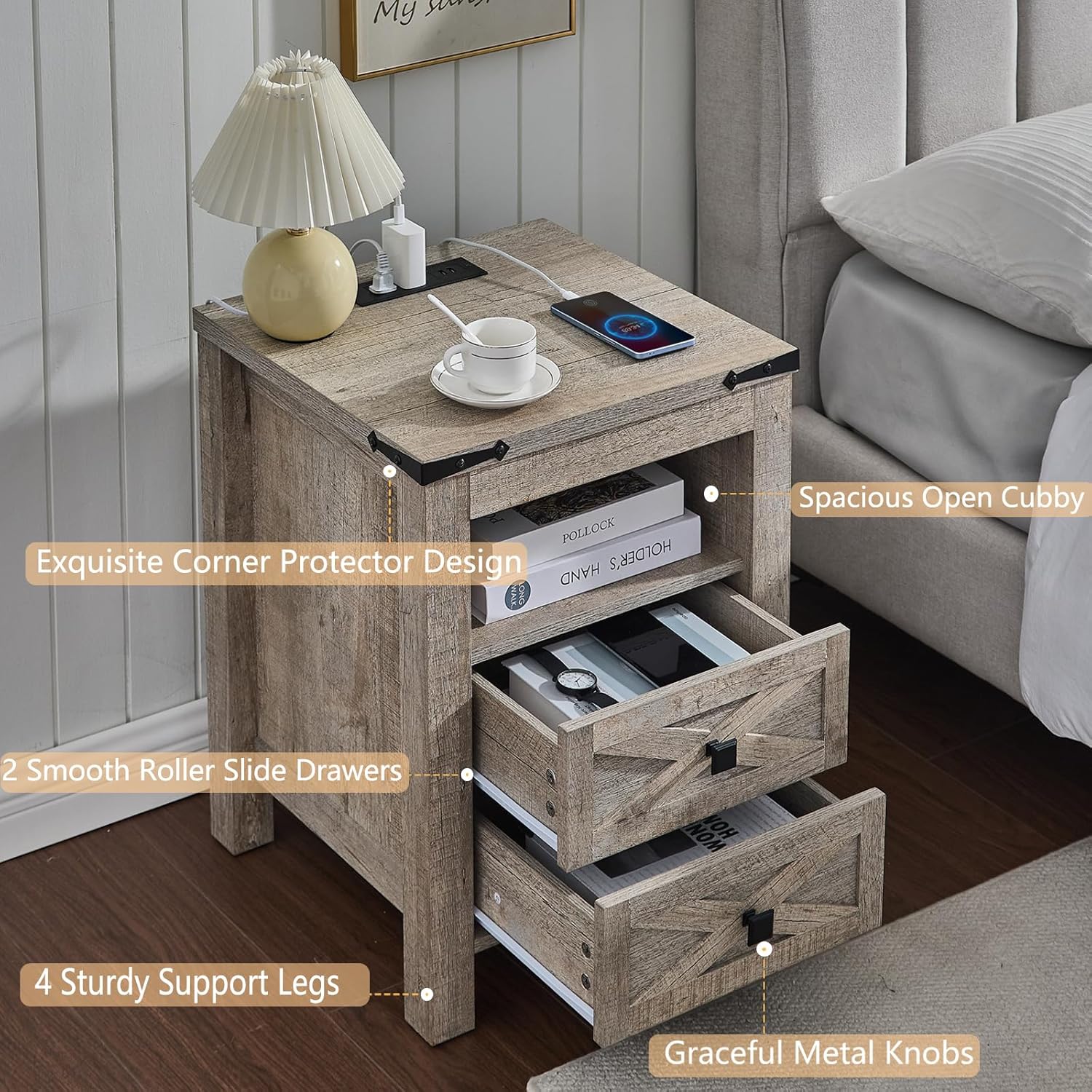 Gray Farmhouse Nightstand with Charging Station and Storage
