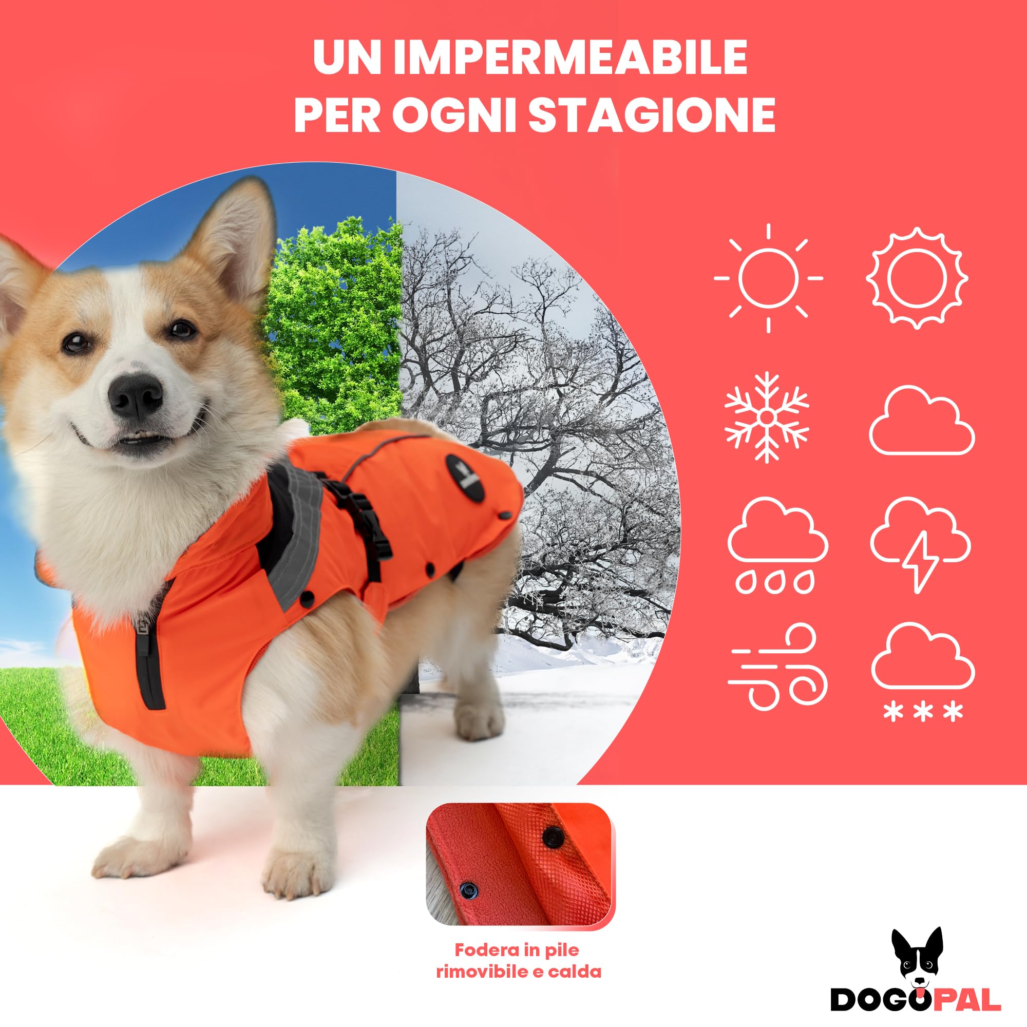 DOGOPAL Cappotto Impermeabile per Cani 2in1 All Weather – Mantello Antipioggia 100% Waterproof e Antivento con Fodera in Pile Rimovibile, Catarifrangente ad Alta Visibilità (Arancione, L)