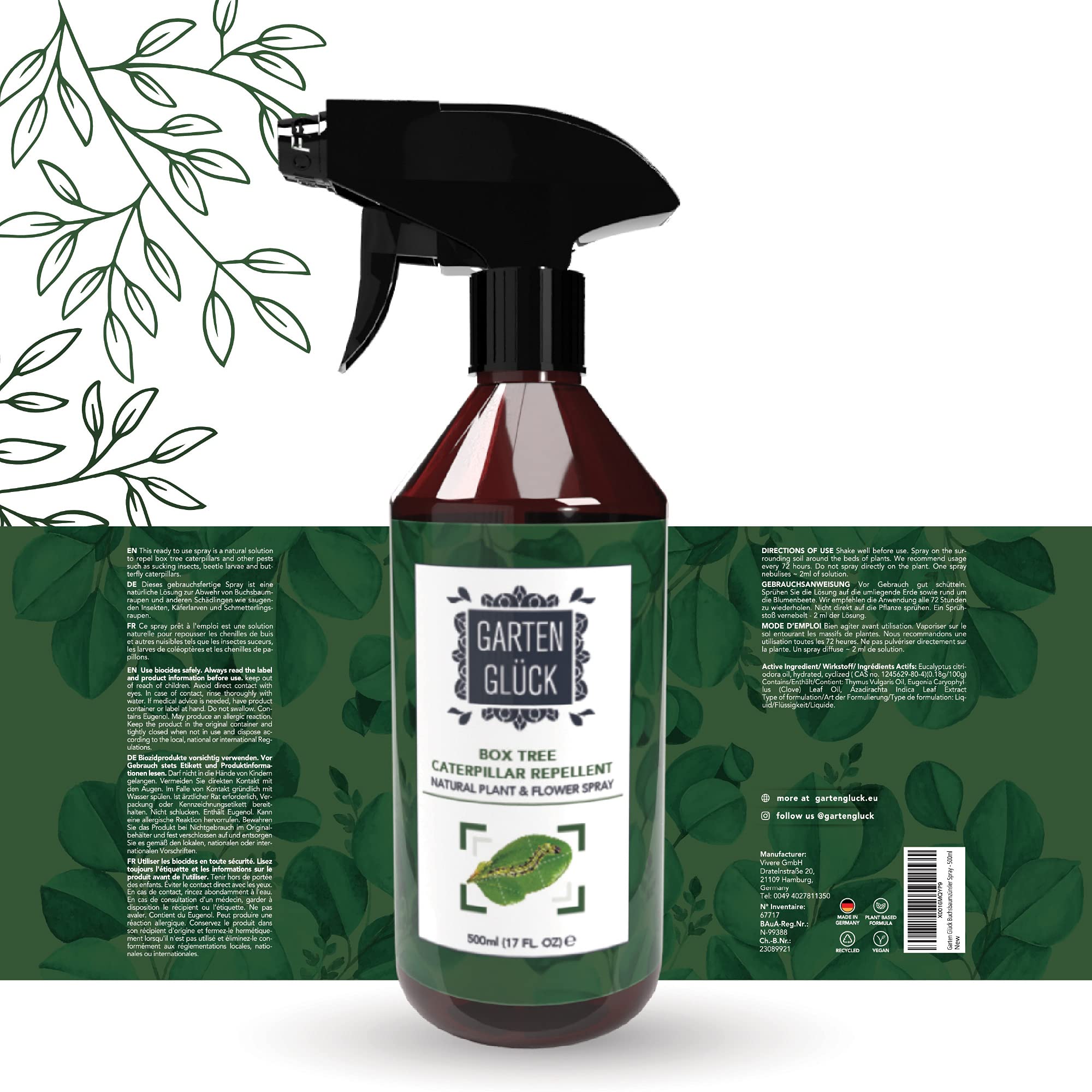 Spray Antiparassitario Piante -500ml- Contro Piralide del Bosso, Bruchi, Larve e Afidi - Protezione Naturale per Bosso, Siepi, Rose e Orto - Con Olio di Timo e Olio di Citronella