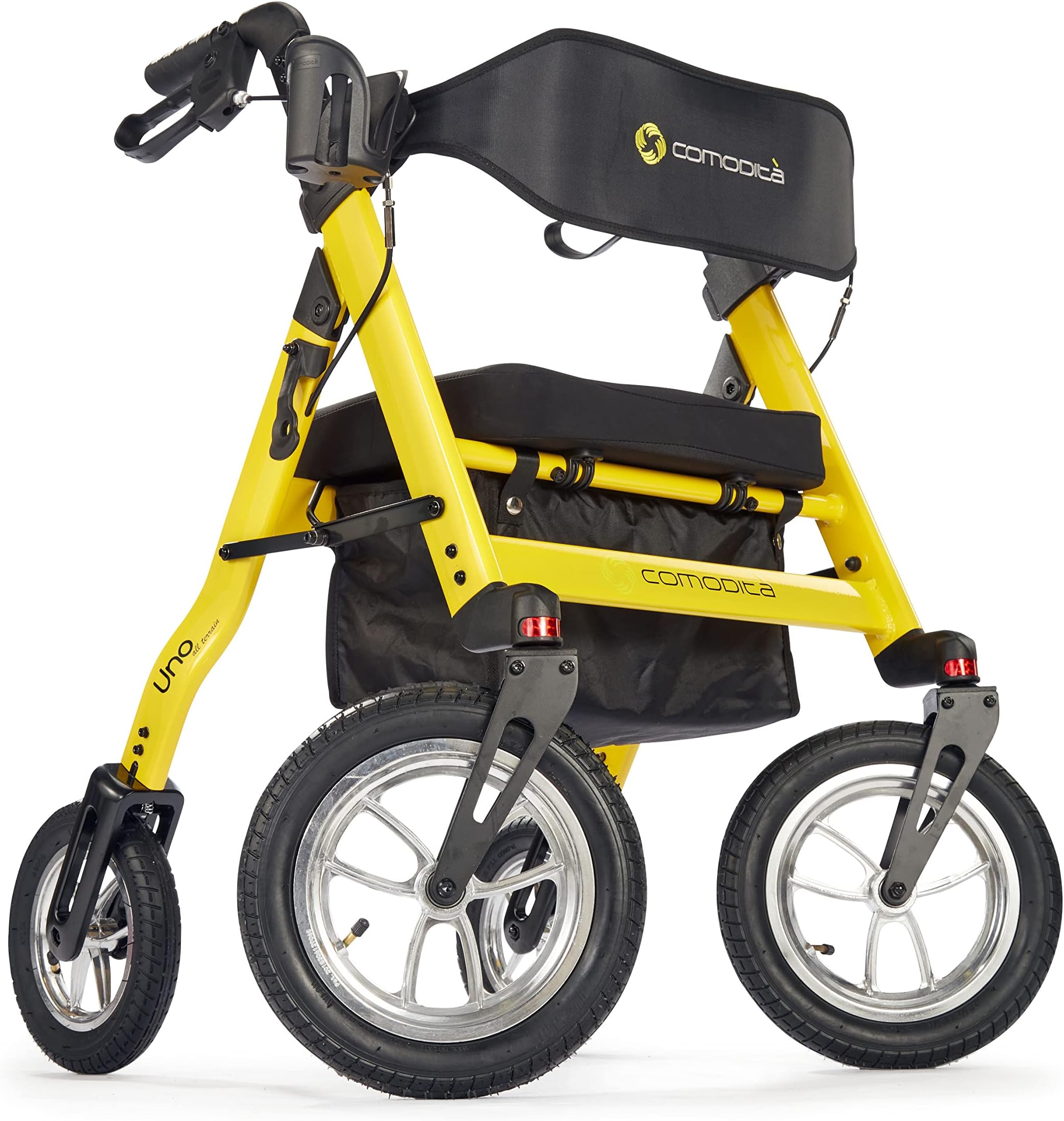 Comodità Uno All Terrain Rolling Walker with Pneumatic Tires, Wheeled Rollator with Orthopedic Extra Wide Seat and Brakes for Adults and Seniors, Easy Folding, 4 Wheel, Modena Yellow