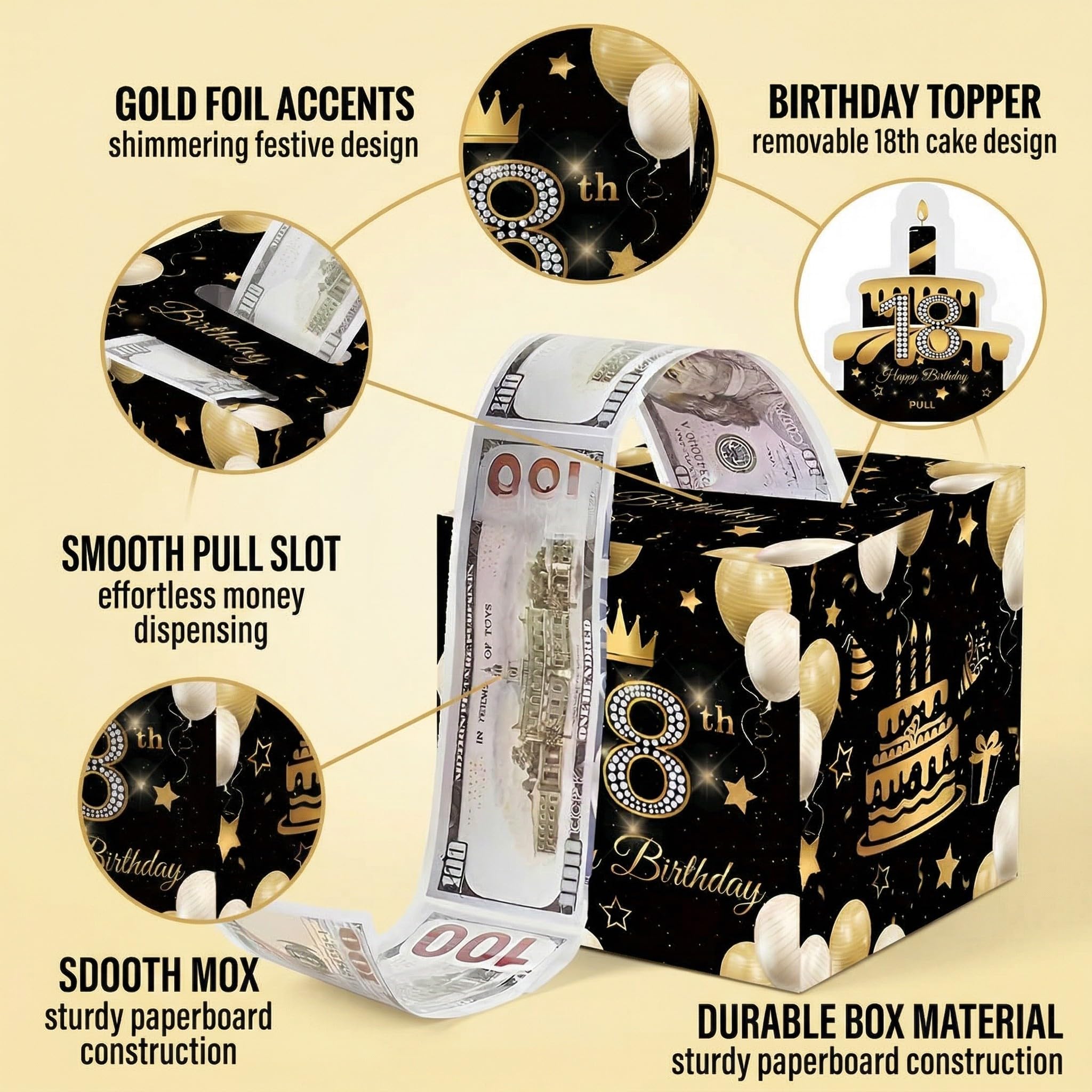 Hucha de Dinero para Cumpleaños 18, Caja de Regalo Efectivo, Negro y Dorado
