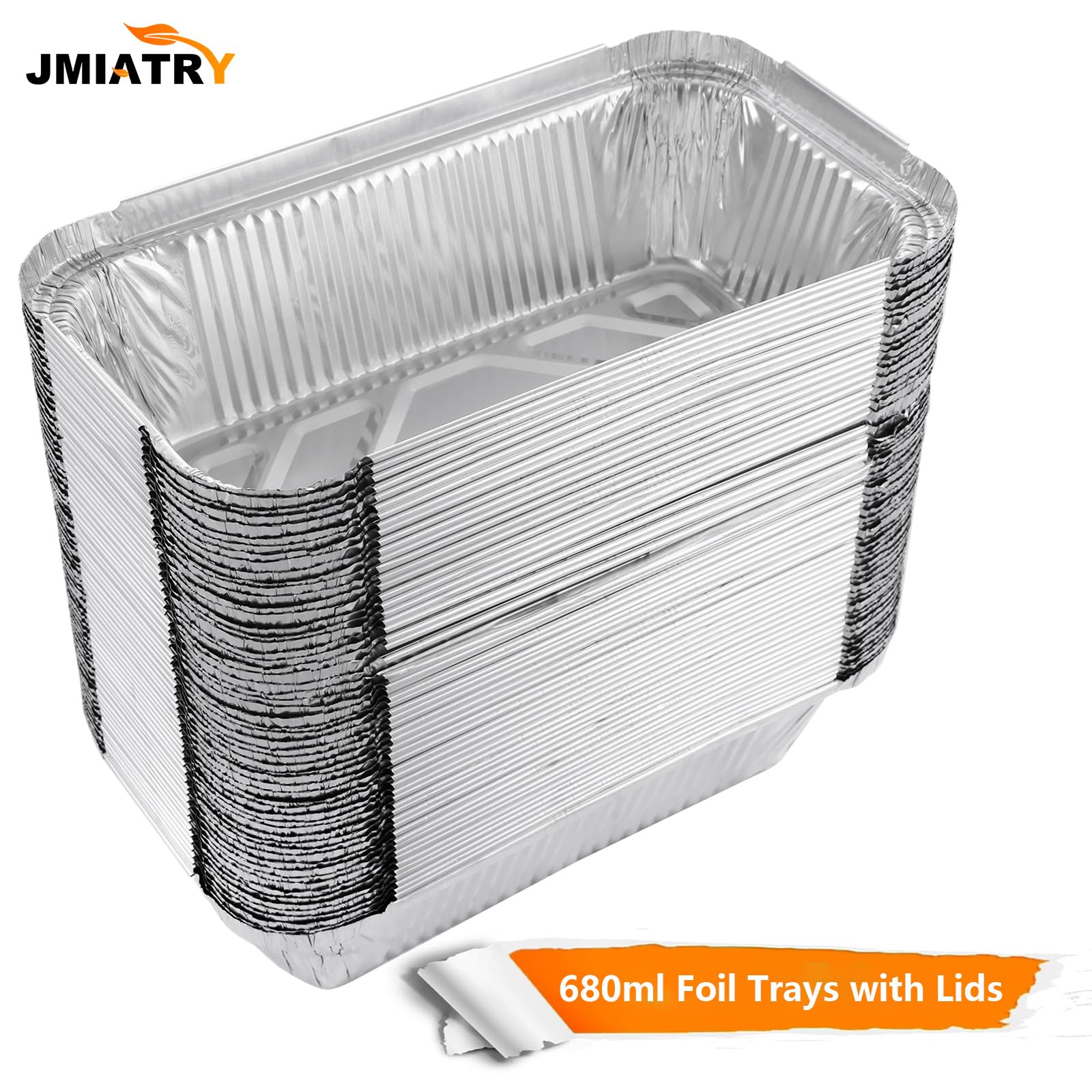 JMIATRY 125 bandejas de aluminio con tapas, 20 x 11 x 5,6 cm, recipientes desechables para alimentos con tapas, bandejas de aluminio de 680 ml para almacenamiento de alimentos, asar, hornear, asar y