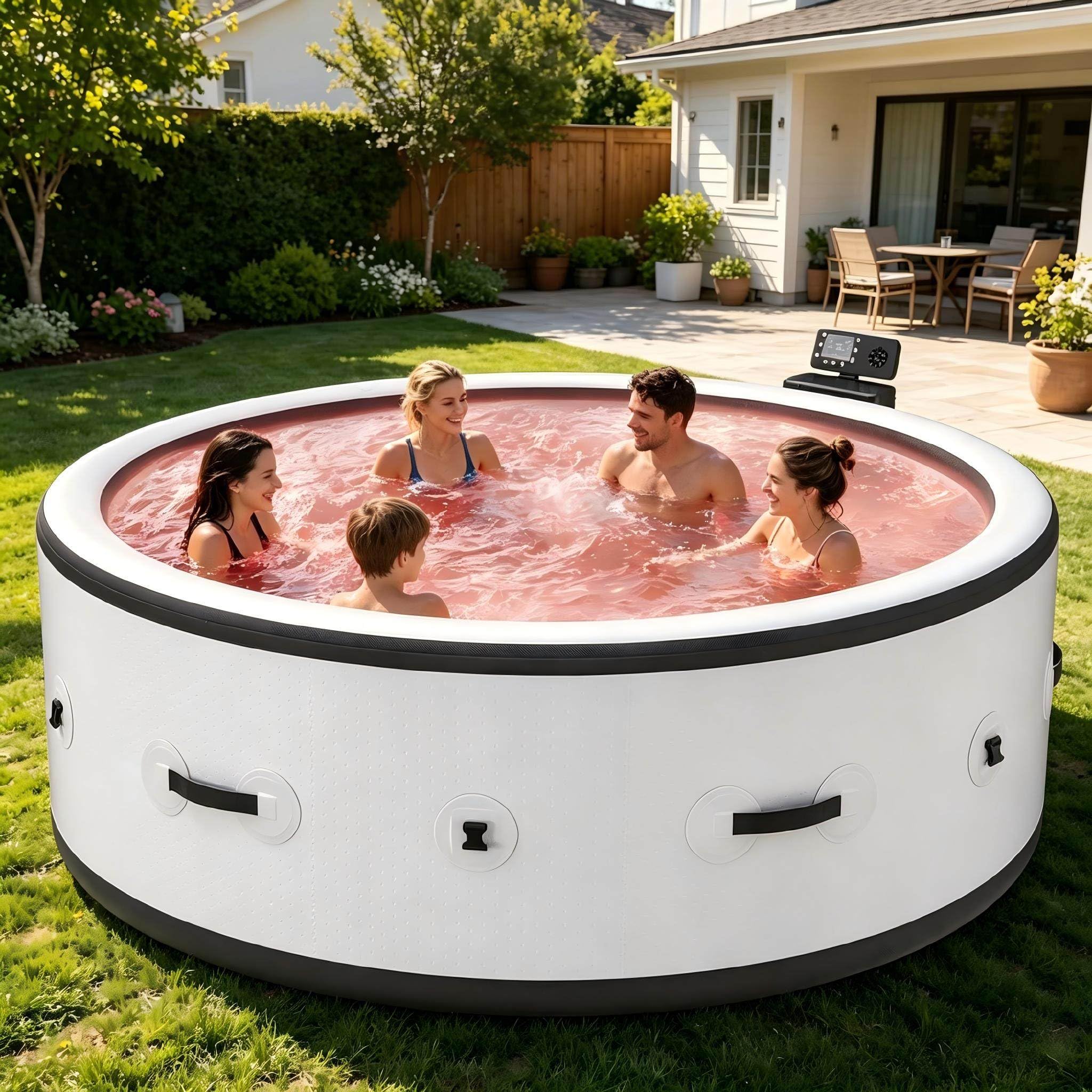 Tanning Pool Sdraio Gonfiabile Per Piscina, Spa Gonfiabile Deluxe 4-6 Posti Ø81,1×27,9 Pollici 1722L, Cuscino Incluso, 150 Getti Massaggio, PVC Impermeabile, Vasca Con Bolle E Idromassaggio