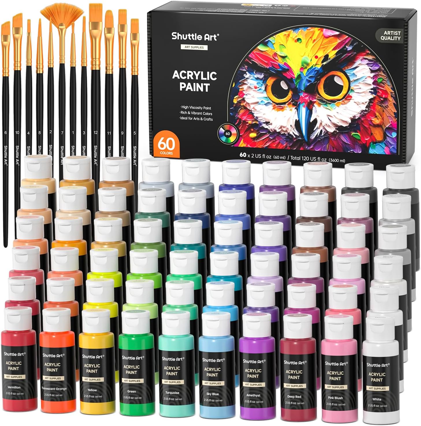 72 Pack Acrylic Paints Set, 60 Colours Acrylic Paint (2oz,60ml) with Extra White Black & 12 Brushes, Rich Pigmented, Water Proof, Ideal for Artists, Beginners on Canvas Rock Wood Ceramic