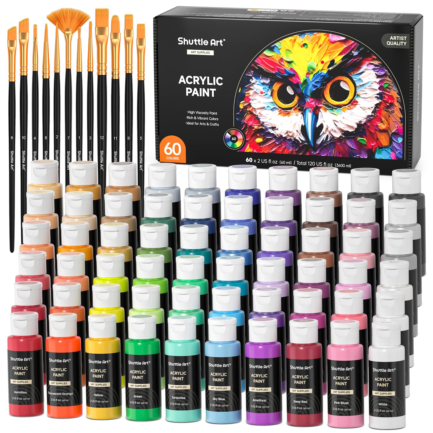 72 Pack Acrylic Paint Set, Shuttle Art 60 Colours Acrylic Paints Extra White Black and 12 Brushes, 2oz/60ml, Highly Pigmented, Waterproof, Ideal For Artists, Ideal For Beginners On Canvas Rock Wood