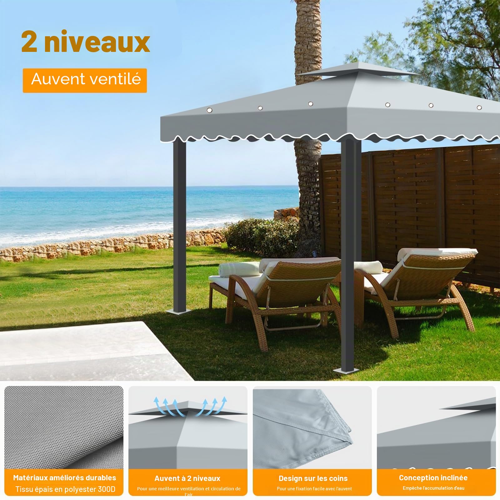Toile de Rechange pour Tonnelle de Jardin, 3x3m Toit avec 2 Étages, Protection Solaire et Ventilation Amovible - Toile Idéale pour Pavillon