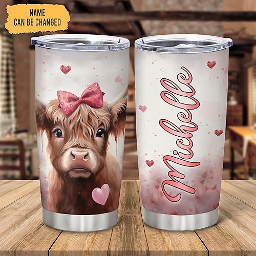 Miniatura 2 de Hyturtle Regalos personalizados para amantes de las vacas de las tierras altas, vaso de acero inoxidable con nombre personalizado, 20 onzas, lindos