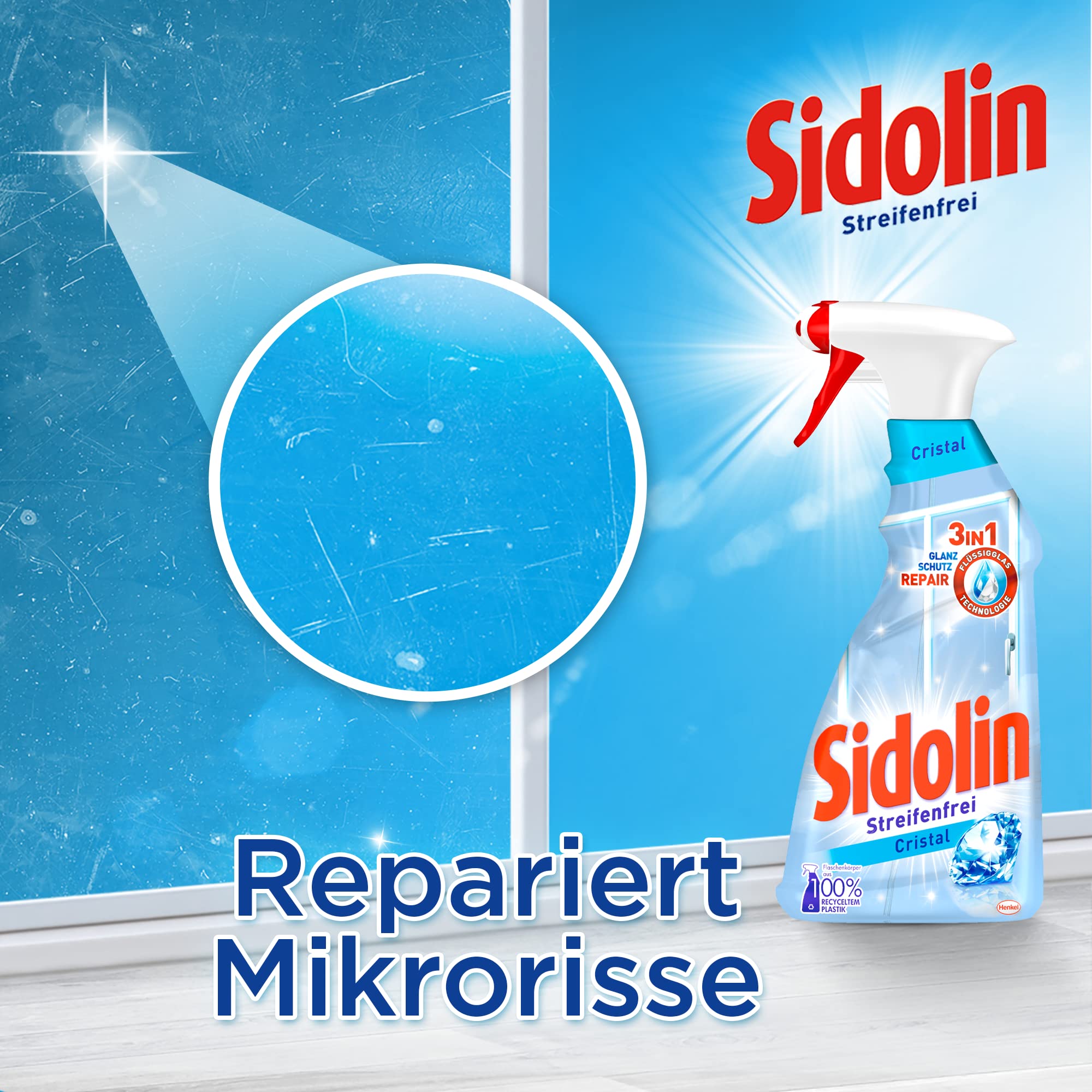 Sidolin Cristal - Detergente spray per vetri senza aloni, con effetto perlato, biodegradabile, in flacone spray da 500 ml