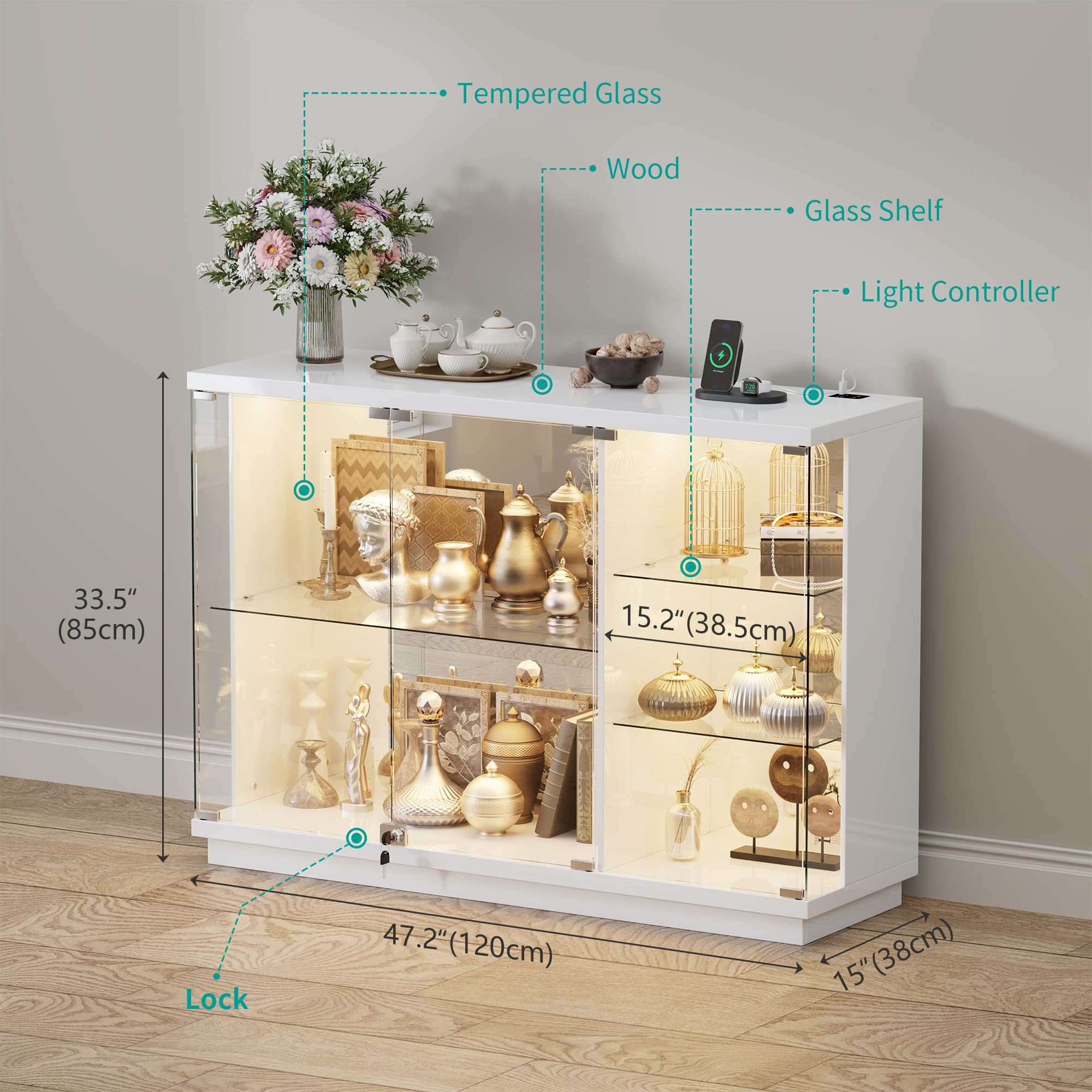 Gurexl Glasvitrine mit LED Beleuchtung und Körpersensor-System für Wohnzimmer,Hochglanz Sideboards mit Abschließbare Glastüren und Type-c B120 x T38 x H85 cm für Esszimmer Innenministerium,Weiß