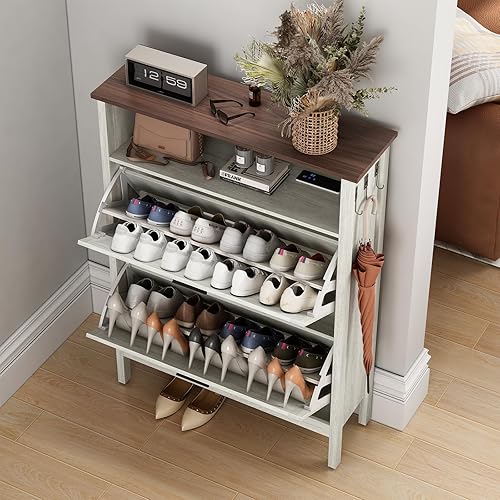 Miniatura 7 de Vabches Armario de zapatos para entrada con 2 cajones abatibles, organizador de zapatos con iones negativos y función desodorizante, armario oculto