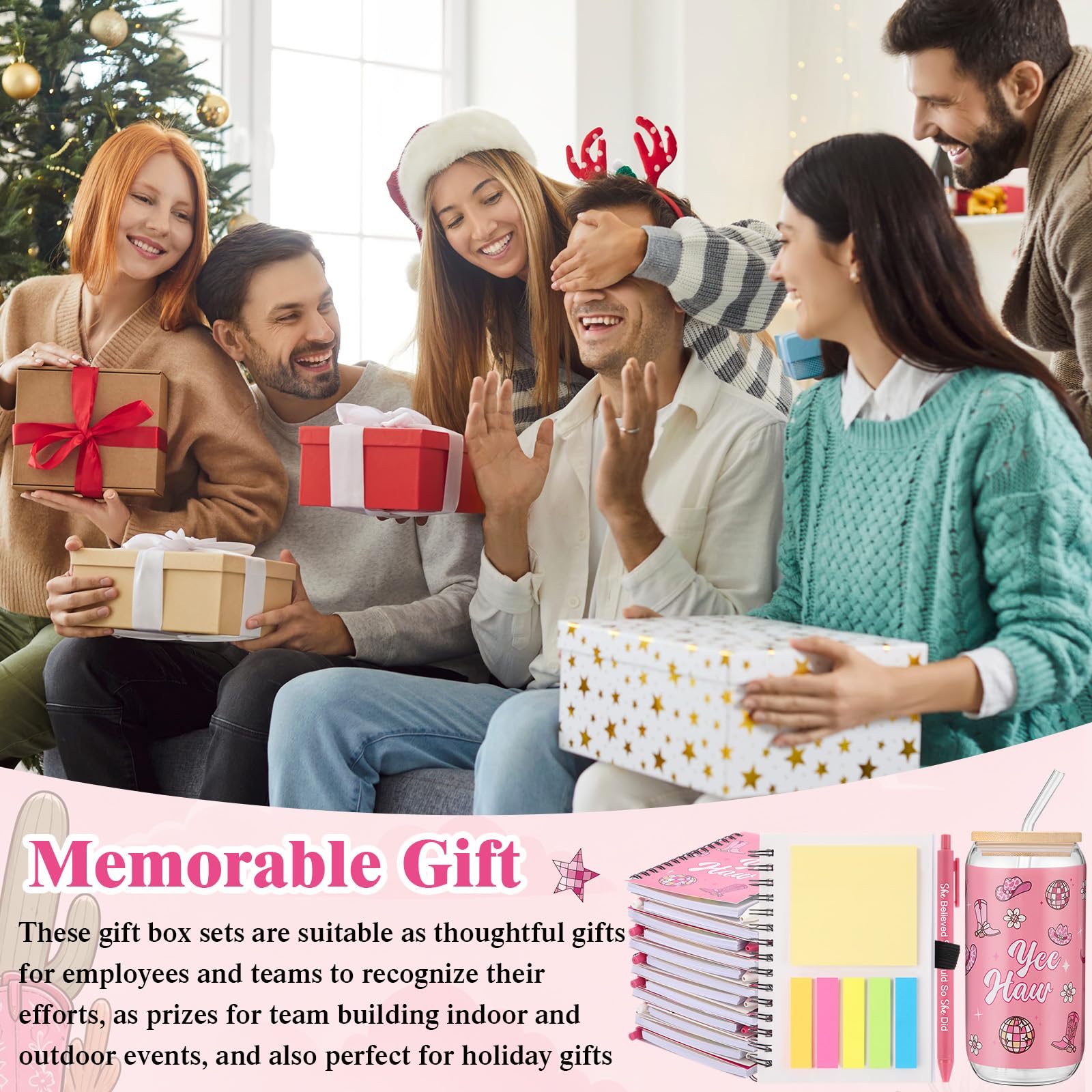 Skylety Set da 36 bicchieri di vetro con coperchio, cannucce a spirale, quaderni a spirale, ideali come regalo per ringraziamenti per essere fantastici, 12 pezzi (cowboy rosa)