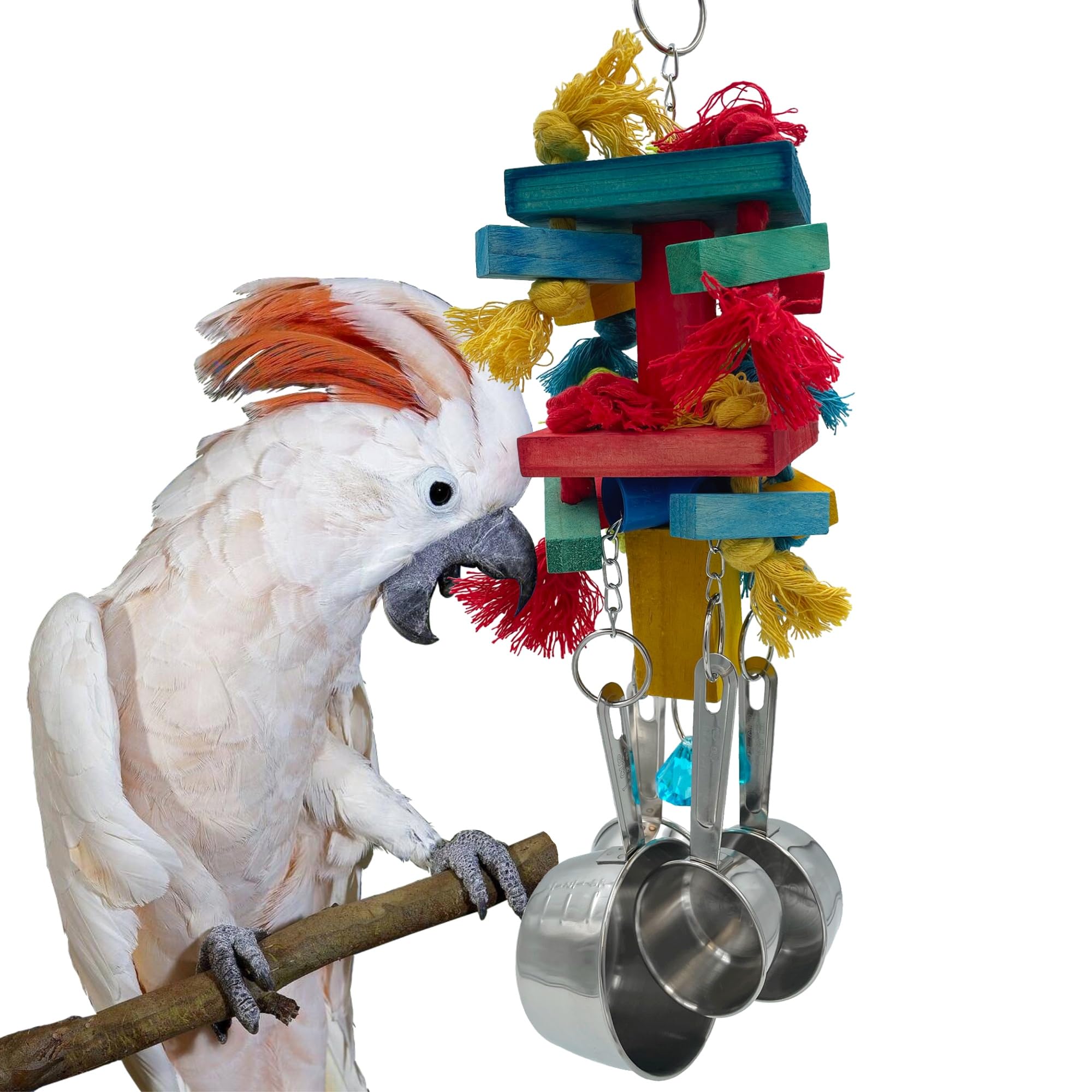 Large Bird Blocks and Knots Tearing Toys, Multicolored Natural Wooden Blocks and Cotton Knots with Stainless Steel Cup Toys for Extra Large Parrots Macaw African Grey Amazon Cockatoo Eclectus