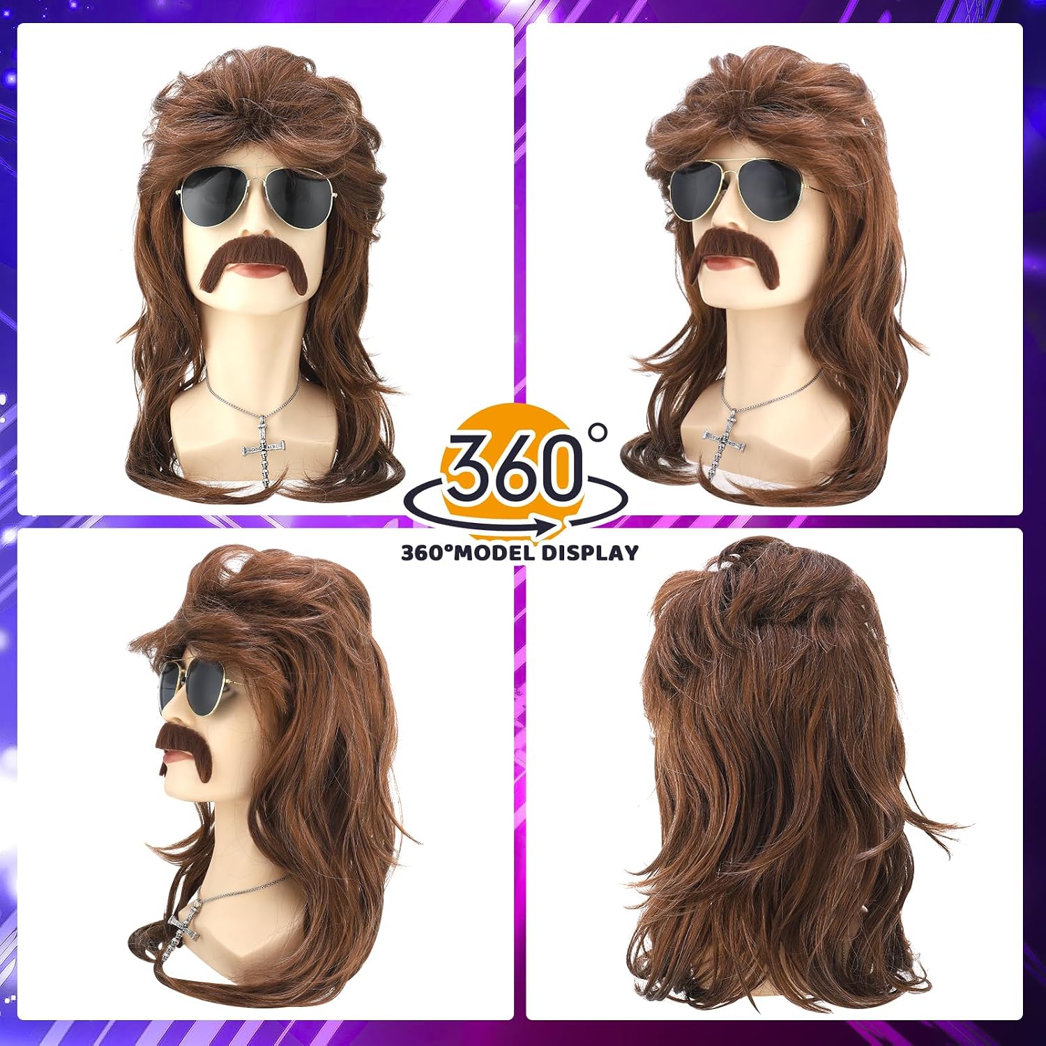 JATEBI 80s Retro Wig for Men, 2 Set Black Brown Curly Mullet Wig with Sunglasses Chains Mustaches and Wig Cap for Halloween Costume and Themed Party