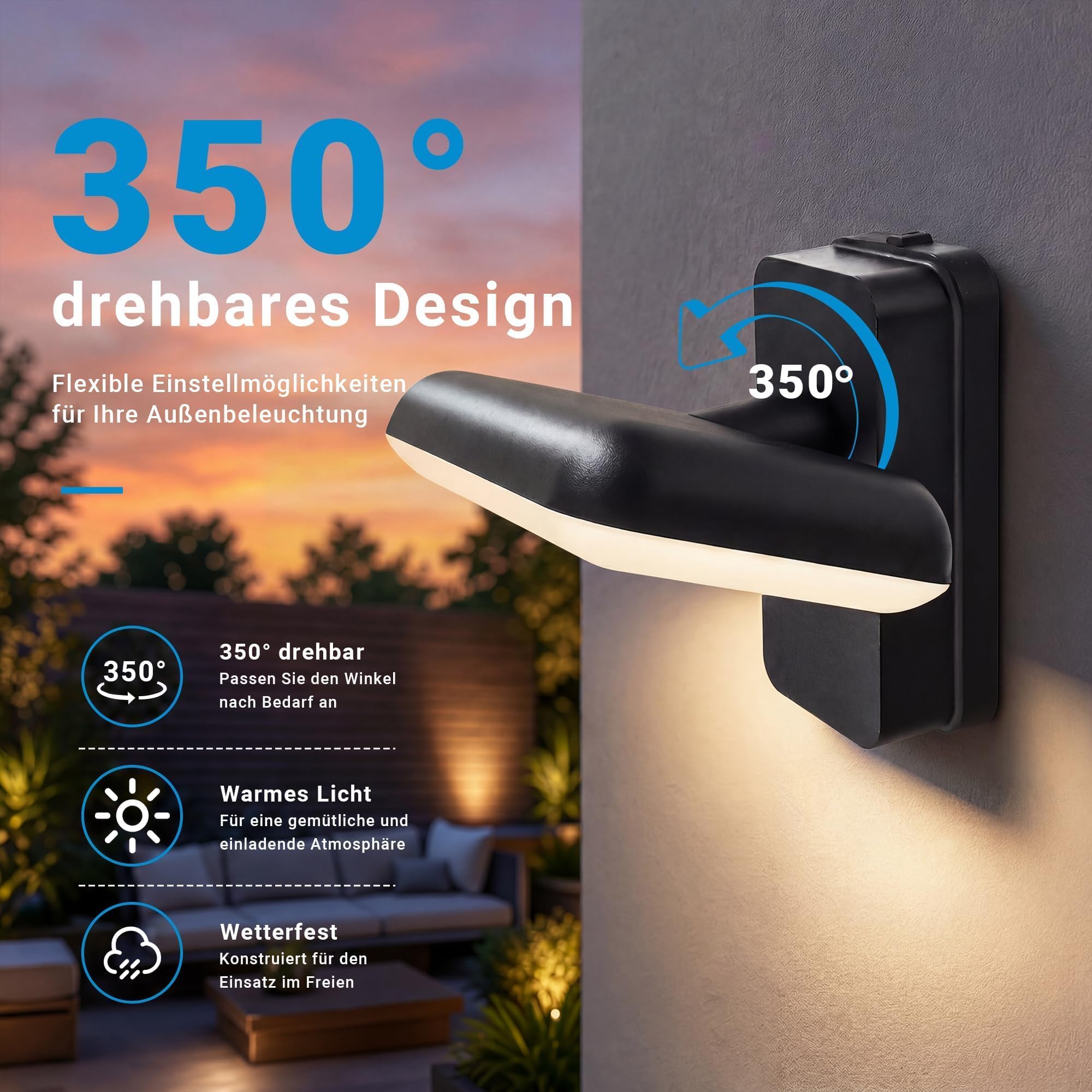 20cm LED Wandleuchte Außen 18W, 350° Schwenkbar Villa Wandleuchte Anthrazit IP65 Wasserdicht, 3000K Außenlampe für Außenbeleuchtung Hauswand & Terrassenlampen