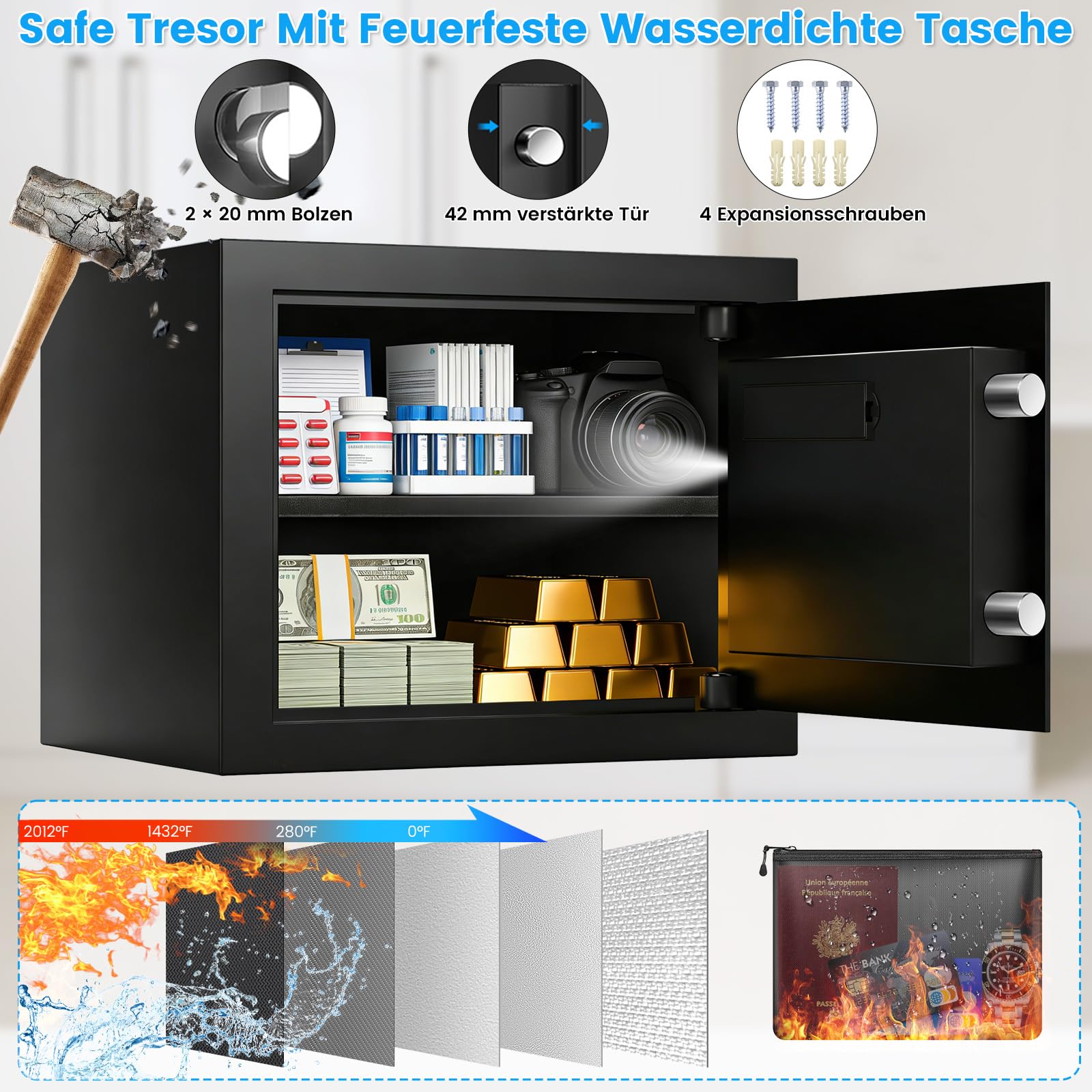 Cassaforte digitale per la casa con custodia ignifuga, cassaforte per mobili da 34 l, con ripiano rimovibile, porta USB-C, modalità allarme e modalità silenziosa, cassaforte da parete per