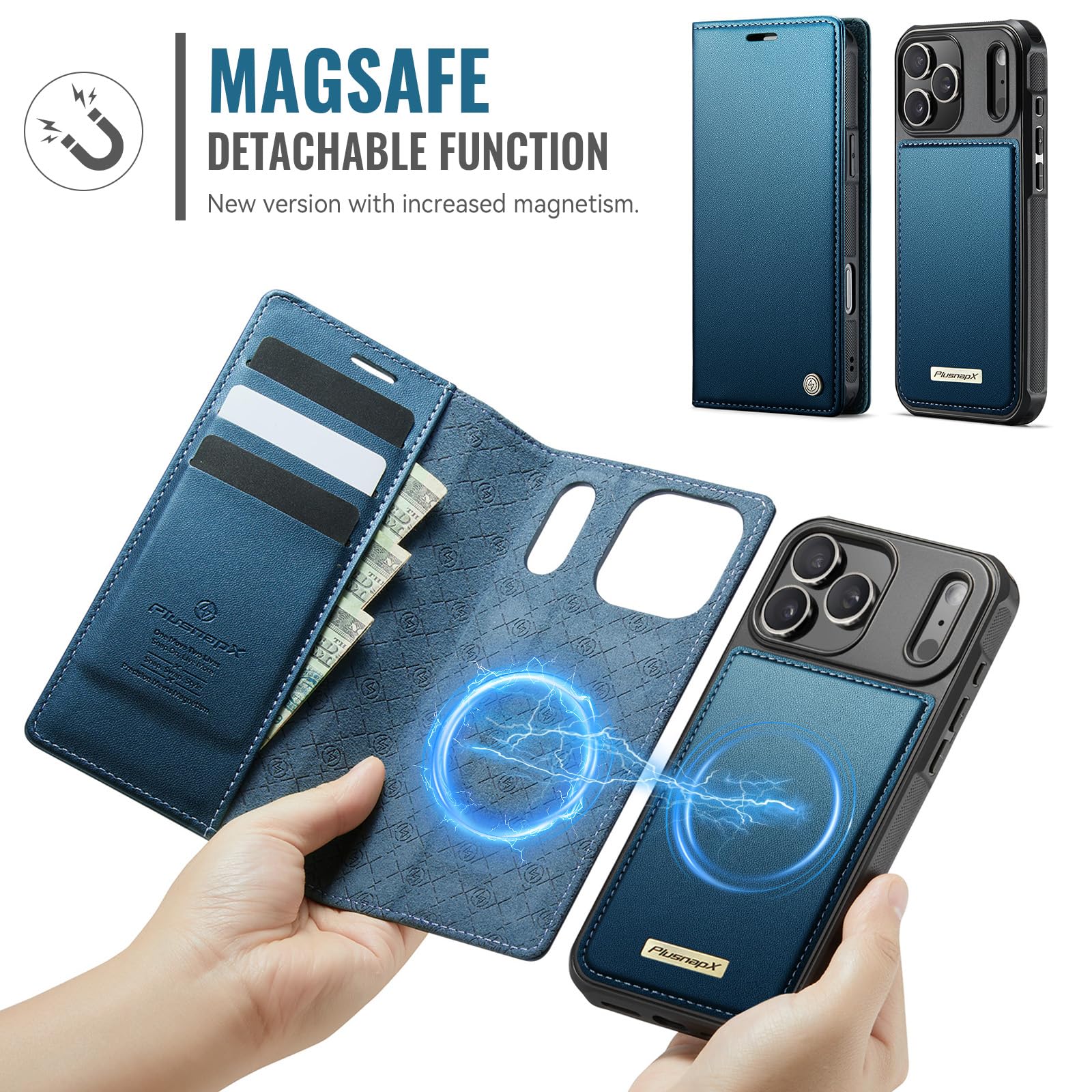 Custodia a portafoglio staccabile per iPhone 17 Pro Max 2 in 1 | Compatibile con Magsafe, magnetico, porta carte di credito con blocco RFID, antiurto, cavalletto, ricarica wireless