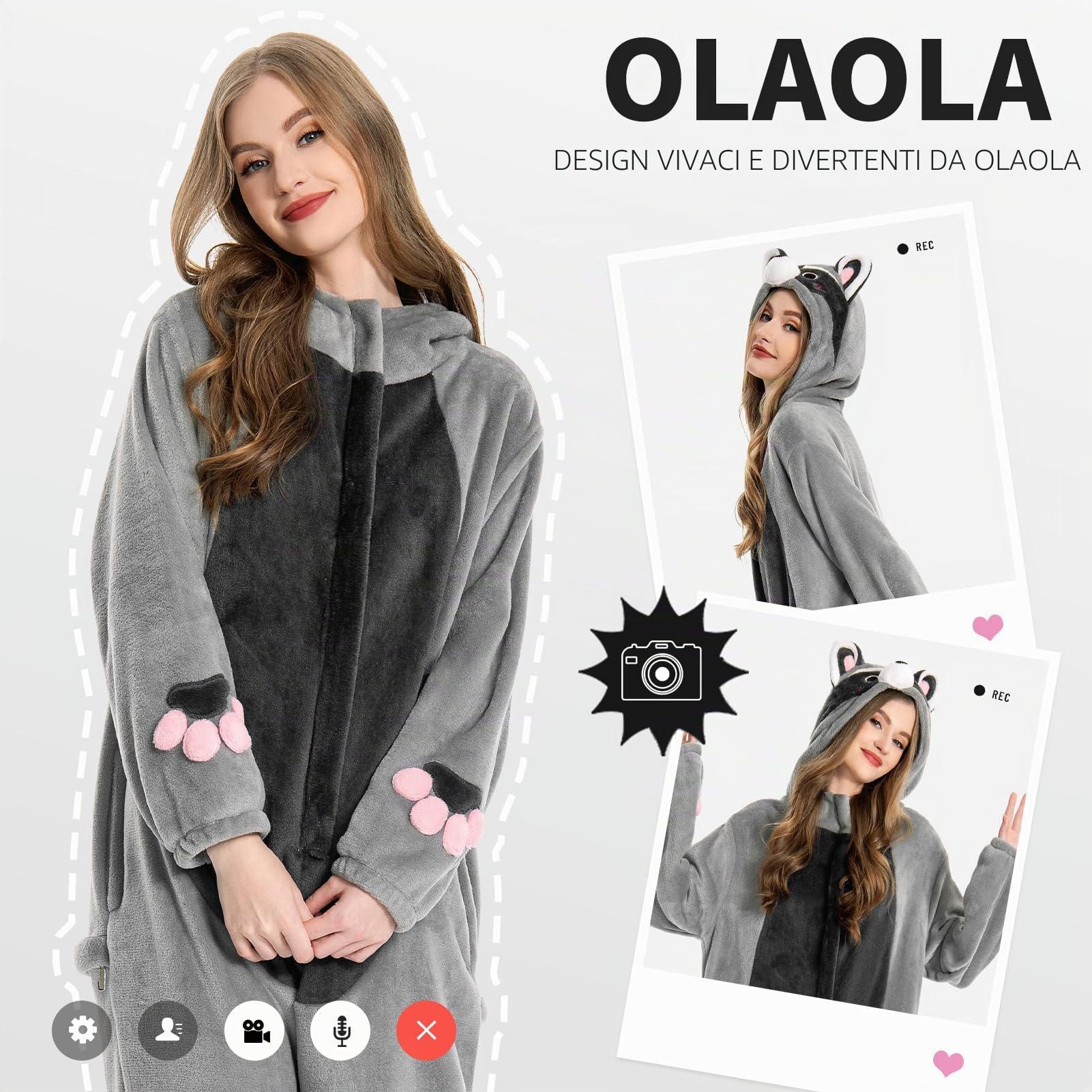 OLAOLA Pigiama per Adulti, Costume da Animale, Onesie Unisex per Halloween Cosplay, Pigiama Intero per Donna Uomo
