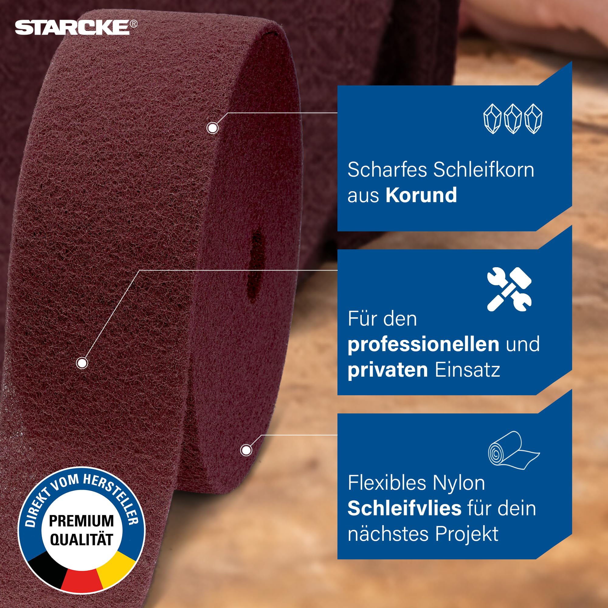 STARCKE® Schleifvlies Holz [10m x 115mm] - Schleifvlies Rolle [180-360] mit Korund - für Lack, Kunststoff, Holz bei Möbelbau, Innenausbau, Oberflächenbearbeitung (180-220)