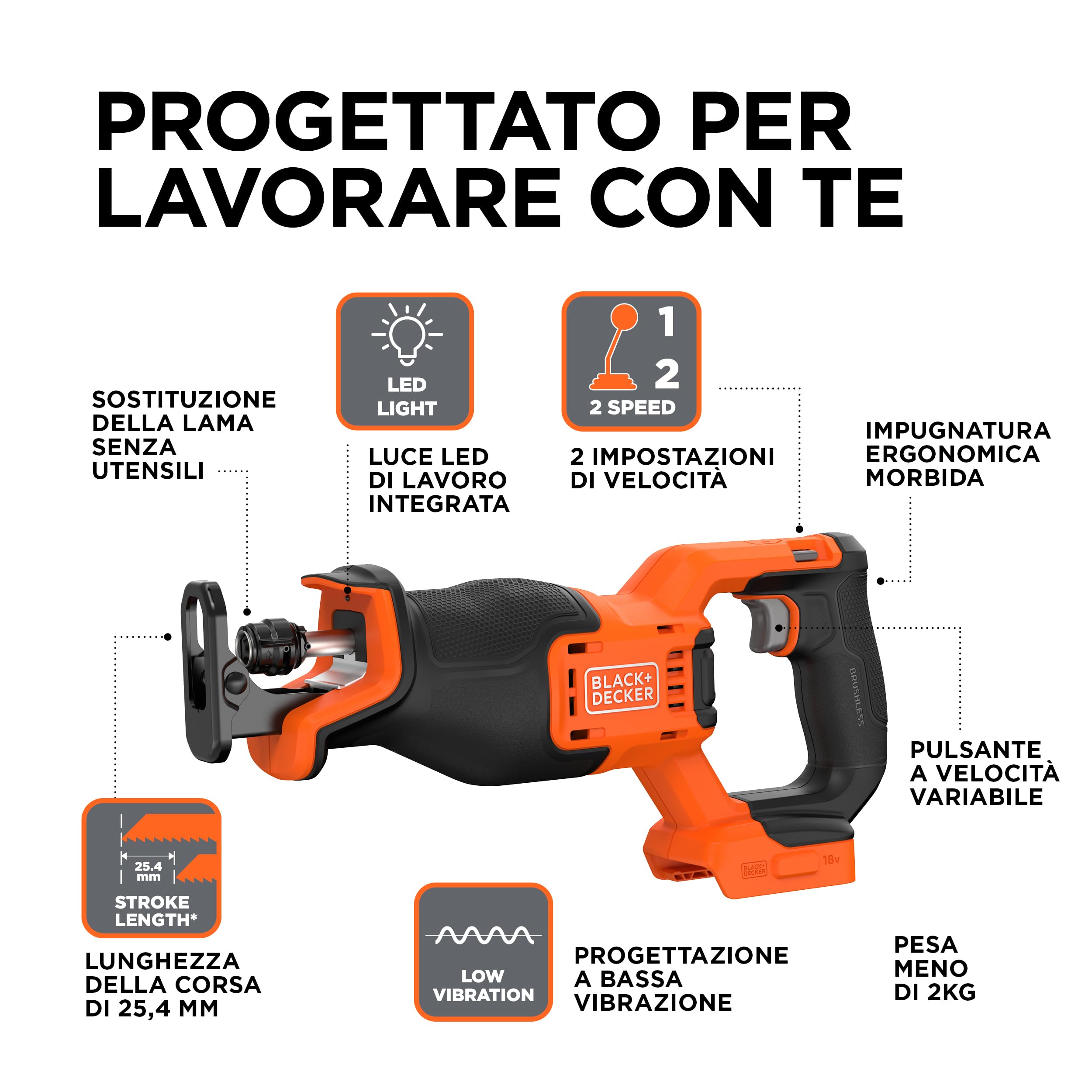 BLACK+DECKER Sega a gattuccio a batteria Brushless con luce di lavoro a LED e 6 lame per sega a gattuccio incluse, solo unità - senza batteria, BLCR78NAZ-XJ