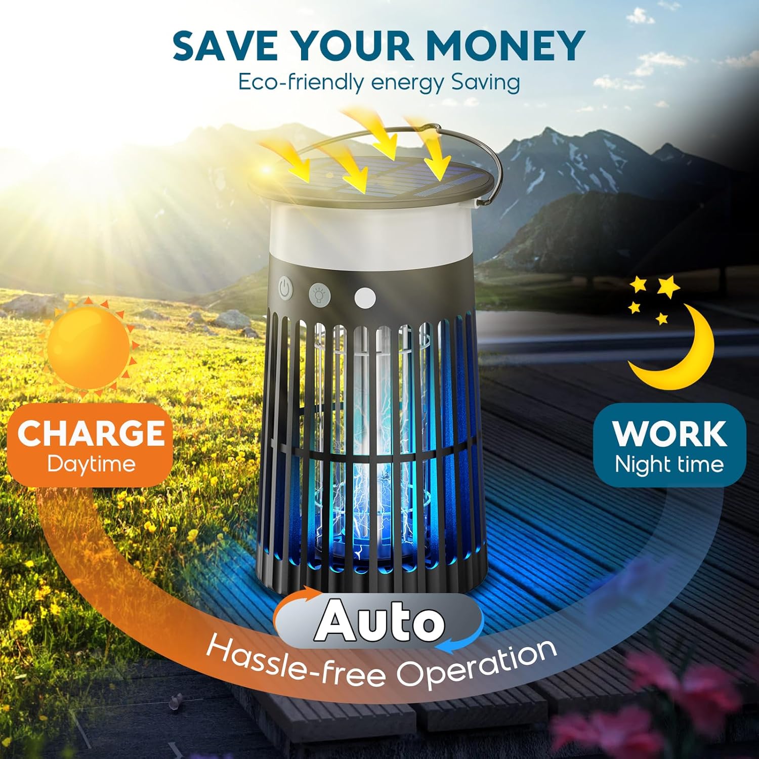 2 Packs Bug Zapper with Marquee Light & Warm Light Mode 3000V & Solar Bug Zapper Outdoor with RGB & Flame Light Mode