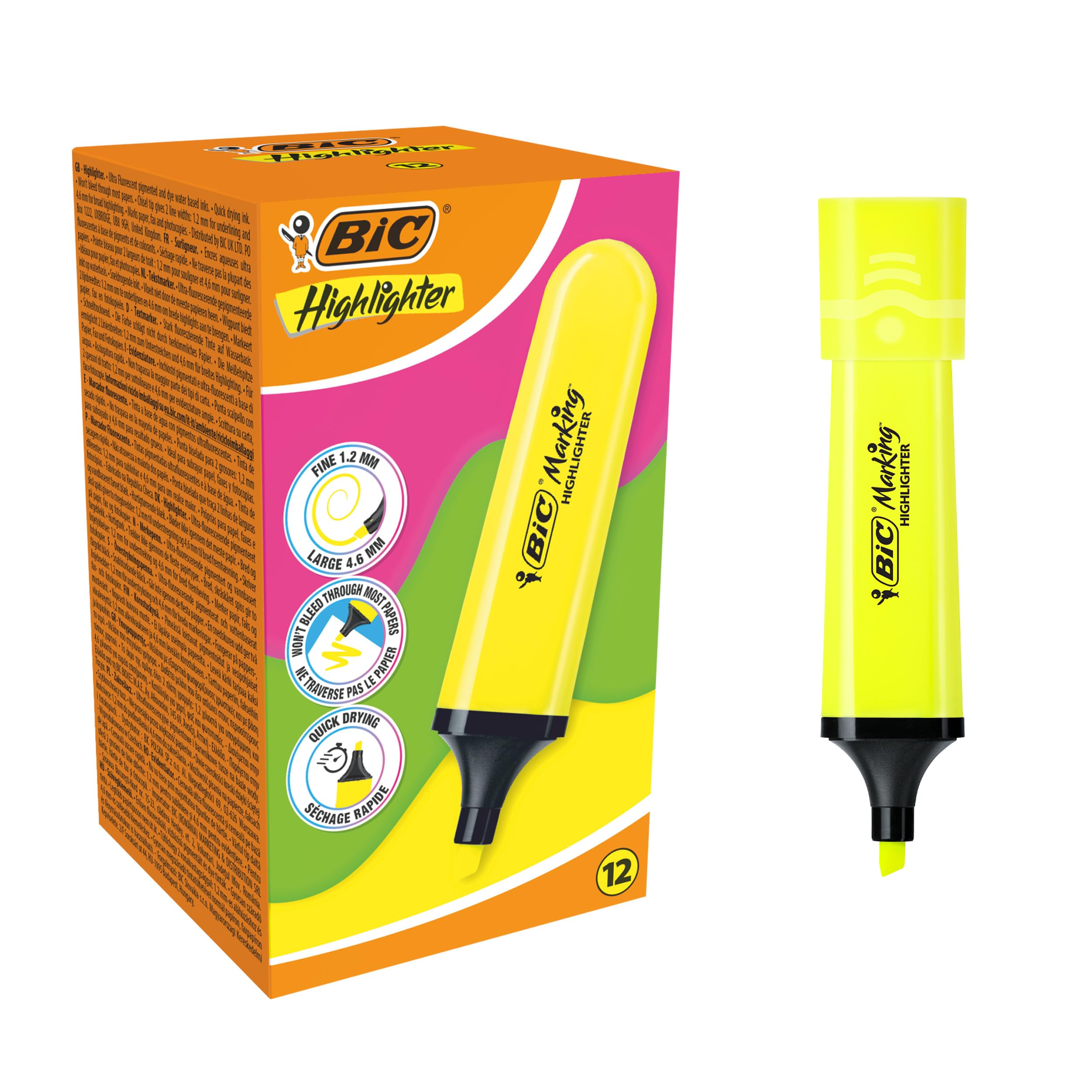 BIC Marking Flat Highlighter Subrayadores con Punta Biselada Modular (1,2 mm-4,6 mm) - Amarillo Neón, Pack de 12