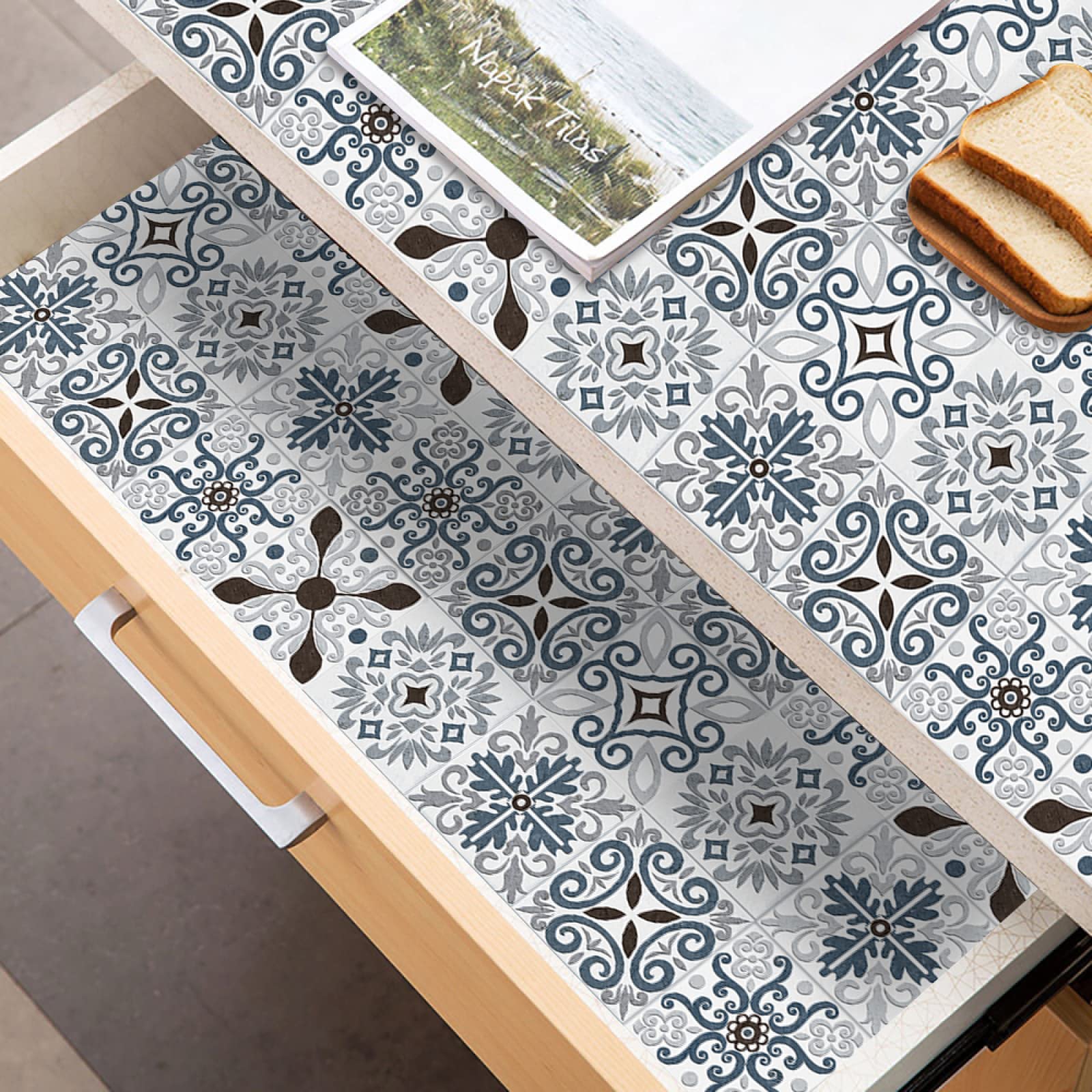 Naklejki imitujące płytki mozaikowe, Self Adhesive PVC Tile Stickers For Bathroom Kitchen Wall Floor Multiple Sizes 10/20/30 Pcs Blue Pattern(20cm x 20cm*20PCS)