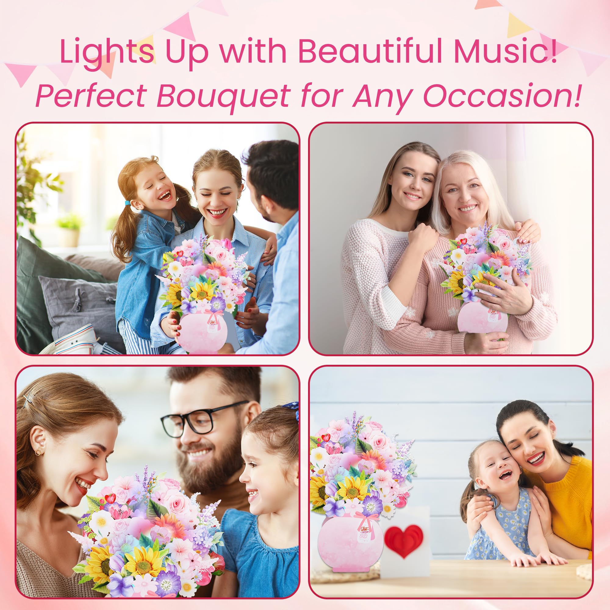Tarjeta Emergente 3D Para El Día De La Madre, Ramo Flores Surtidas Con Luz Musical, Felicitación Floral Decorativa, Sobre Y Notas En , Perfecta Cumpleaños, Blanco