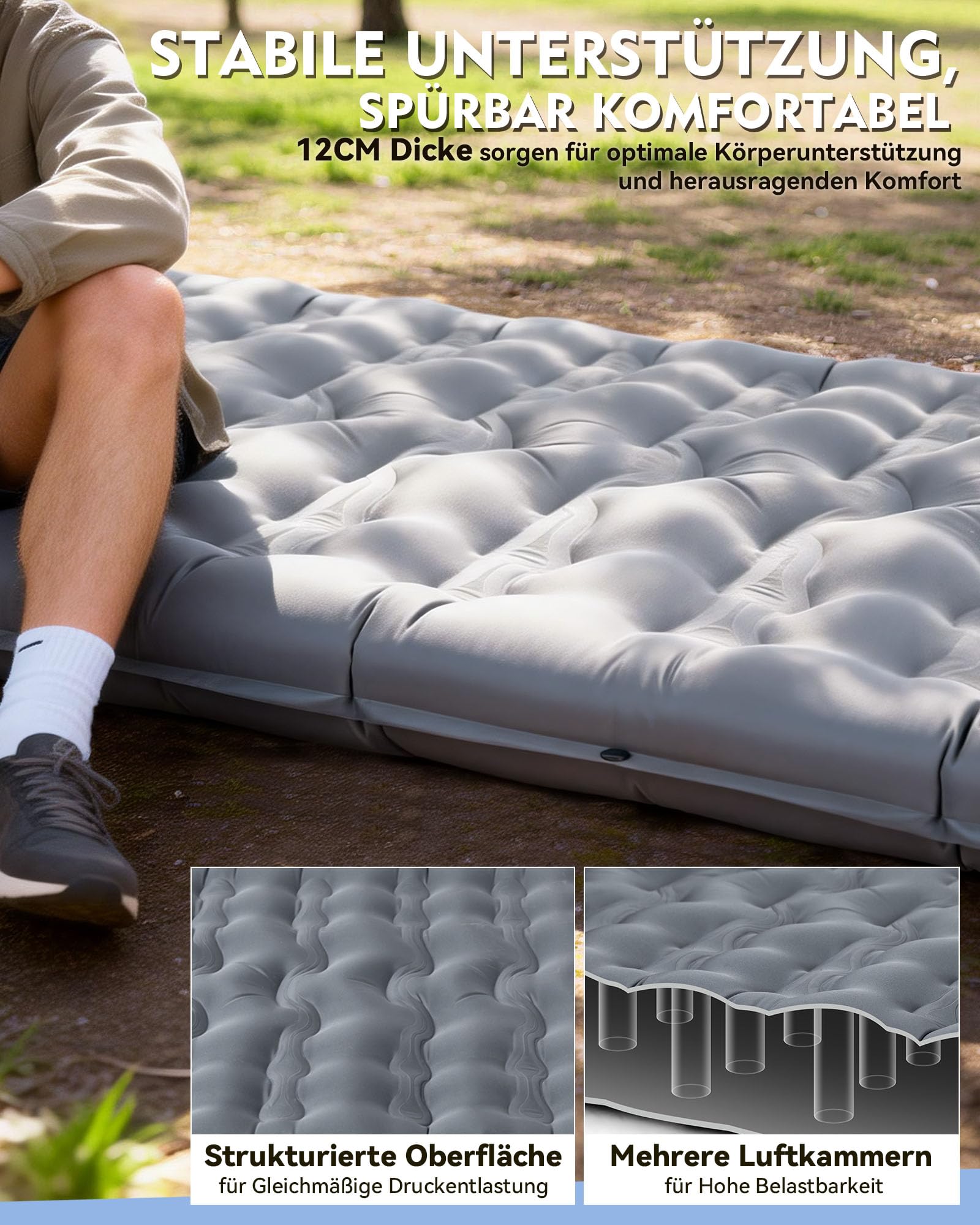 HIKENTURE Esterilla isotérmica para camping, 12 cm, ultragruesa, ultraligera, con almohada, colchón inflable, tamaño pequeño, colchón de aire hinchable, colchoneta para dormir con bomba de pie para