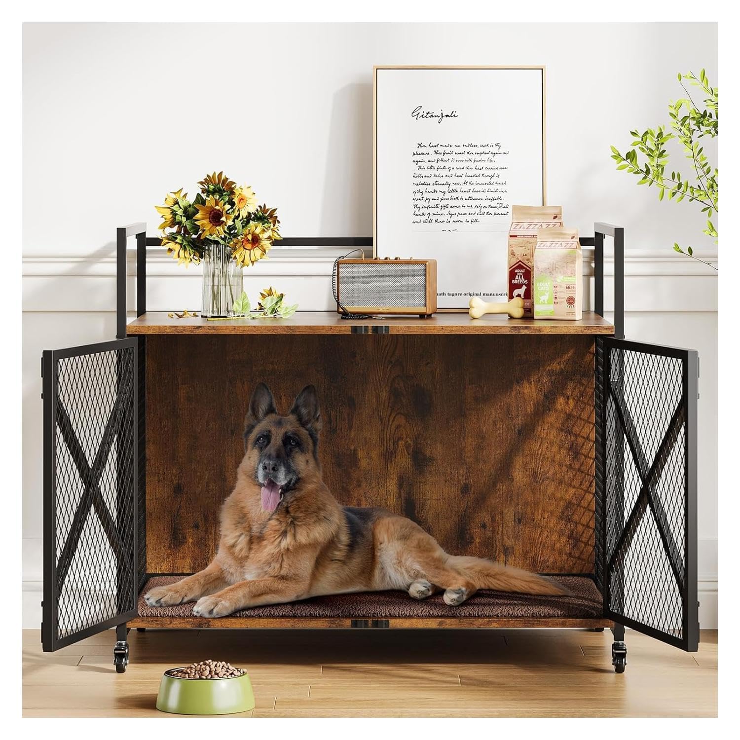 Cage à Chien Meuble en Bois et Métal, Cage Intérieure pour Chien de Grande Taille avec Coussin Moelleux, Double Verrouillage de Sécurité, Design Industriel, 104x60x91 cm, Marron et Noir