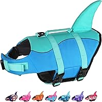 Vista 15 de Dogcheer Chaleco salvavidas para perros con tiburón, chaleco salvavidas ajustable para nadar en lancha con flotabilidad superior y asa de rescate
