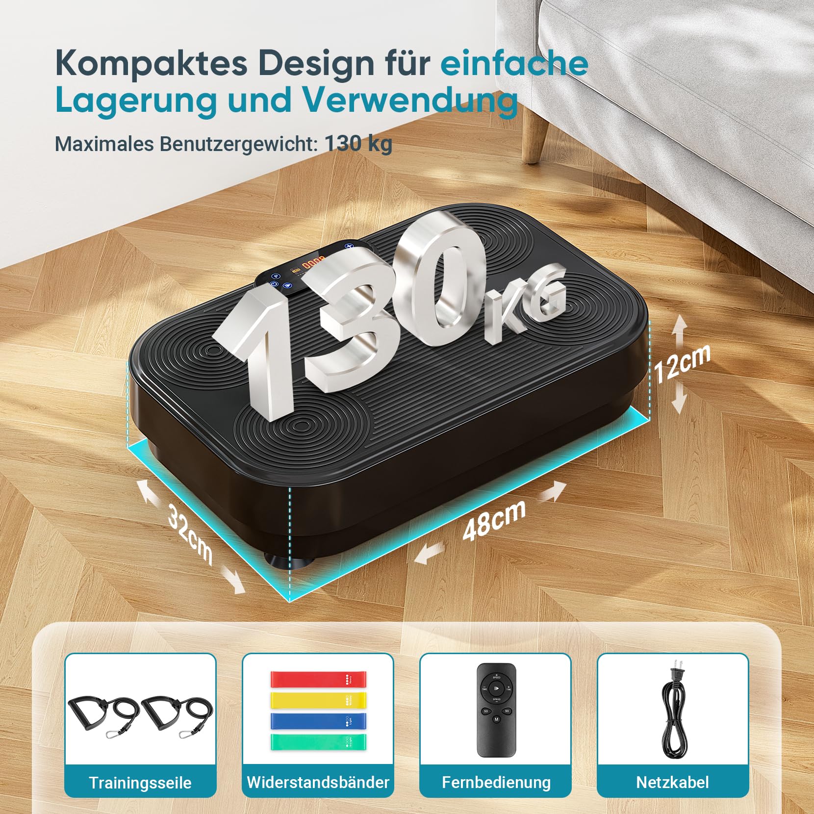 THERUN Vibrationsplatte, Rüttelplatte für Zuhause mit 99 Vibrationsstufen, Fitnessgerät für Muskelaufbau, Fettverbrennung & Ganzkörpertraining, inklusive 4 Fitnessbänder