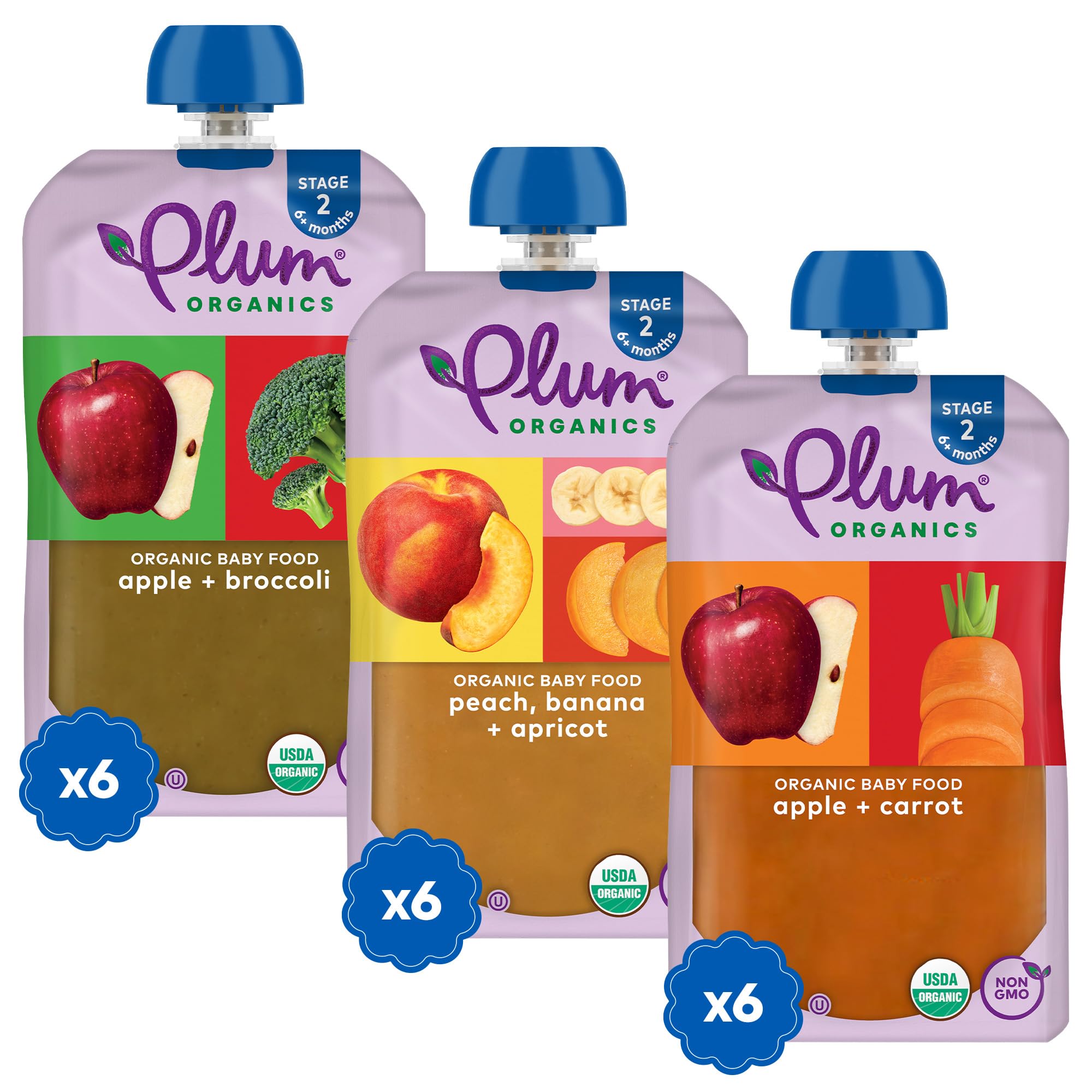 Plum Organics - 6+ Months Organic Baby Food Variety Pack - 3 Flavors - Non-GMO - Fruit & Veggie Blends On-The-Go Pouches for Baby and Toddler Meals - Quality Tested Ingredients - 4 oz (Pack Of 18)