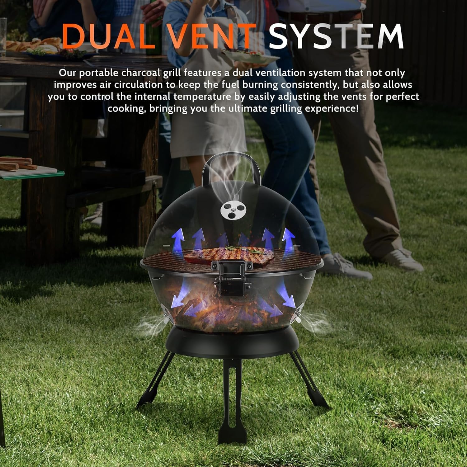 Portable Barbecue Smoker, Outdoor Small BBQ Smoker with Dual Venting System and Warming Rack Area for Picnic, Camping, Backyard, Patio, Black