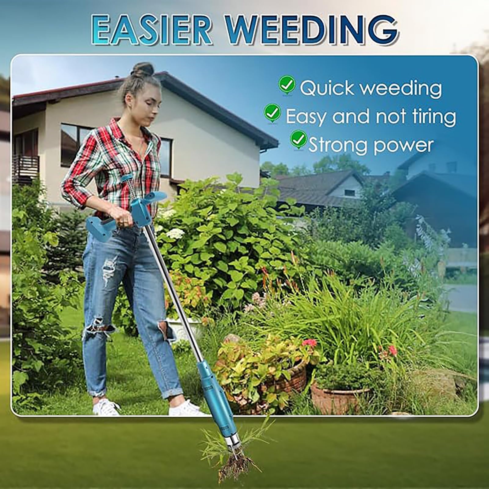 Herramienta eléctrica de extracción de malezas, inalámbrica, 21 V, mango largo, herramienta de jardinería con 2 baterías y carga rápida para césped, patio y jardín
