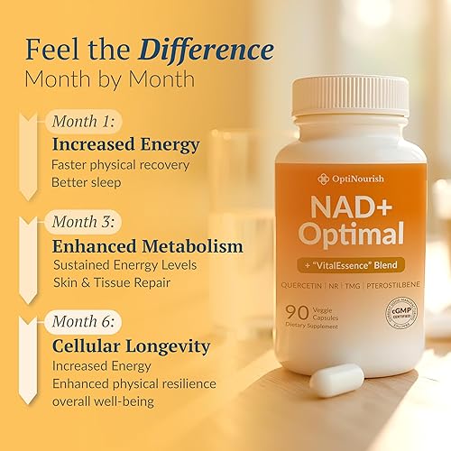Miniatura 6 de NAD+ Optimal NAD Suplemento NAD nicotinamida ribósido 500mg NR + TMG y quercetina con mezcla VitalEssence, absorción completa, refuerzo de energía,