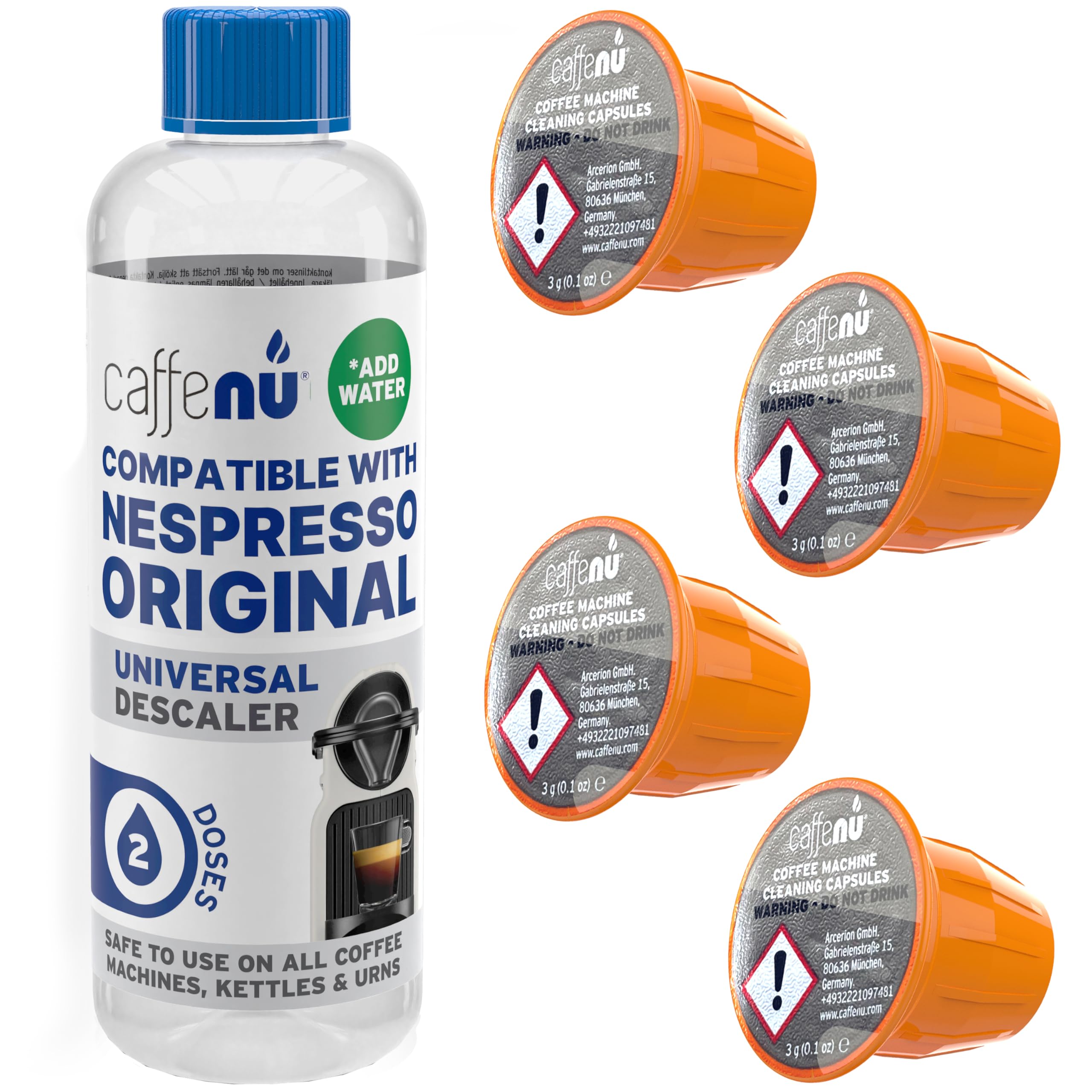 Nespresso Compatible Descaling Kit & Cleaning Pods. 2 Use Descaling Solution & 4 Cleaner Pods. Removes Limescale & Cleans Pod Area. Better Tasting, Hotter Coffee. Nespresso Originaline.