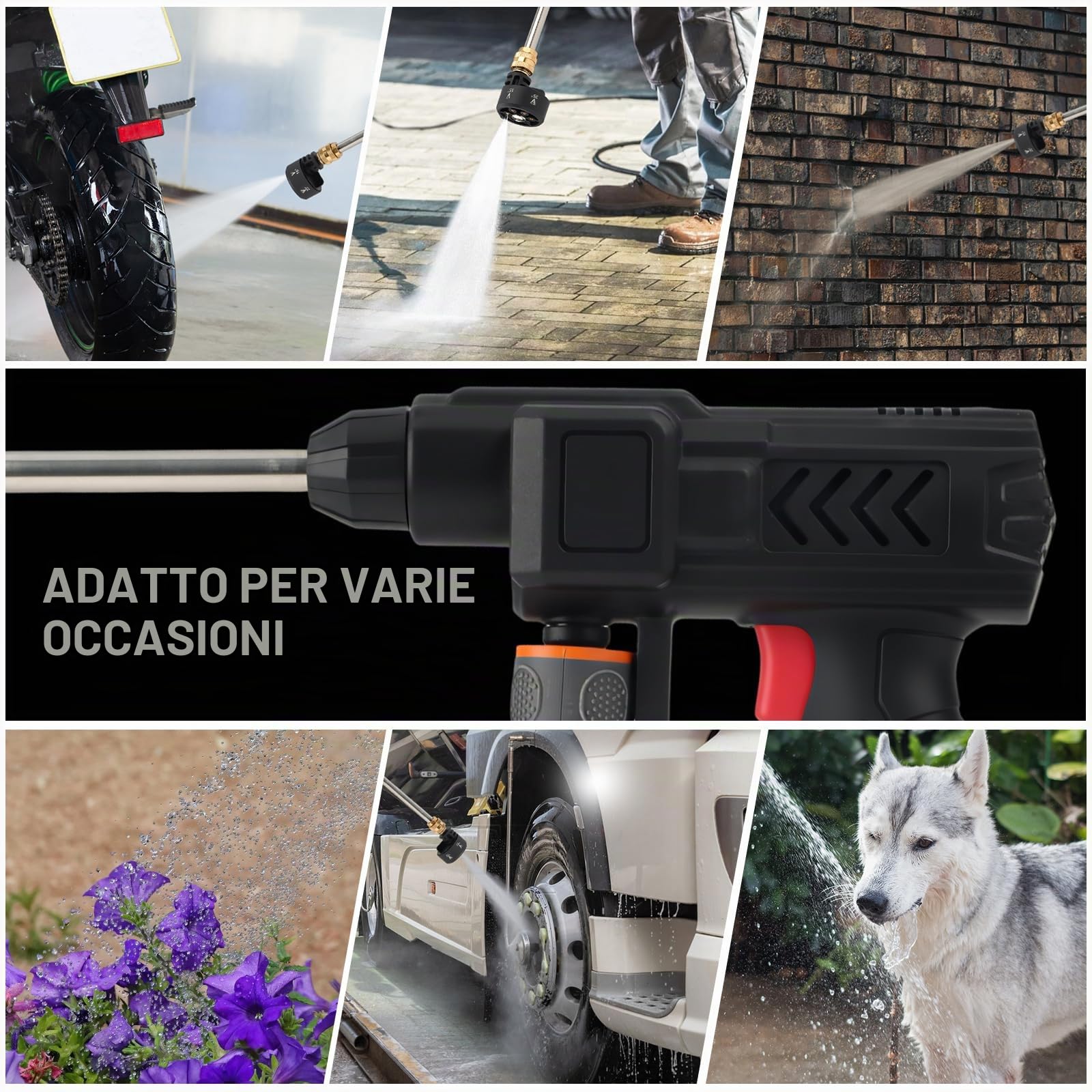 Idropulitrice portatile ad alta pressione, potenza 140 W con ugello 6 in 1, tubo ad alta pressione da 5 m, adattatore universale per rubinetto e bottiglia per auto, bicicletta, terrazza