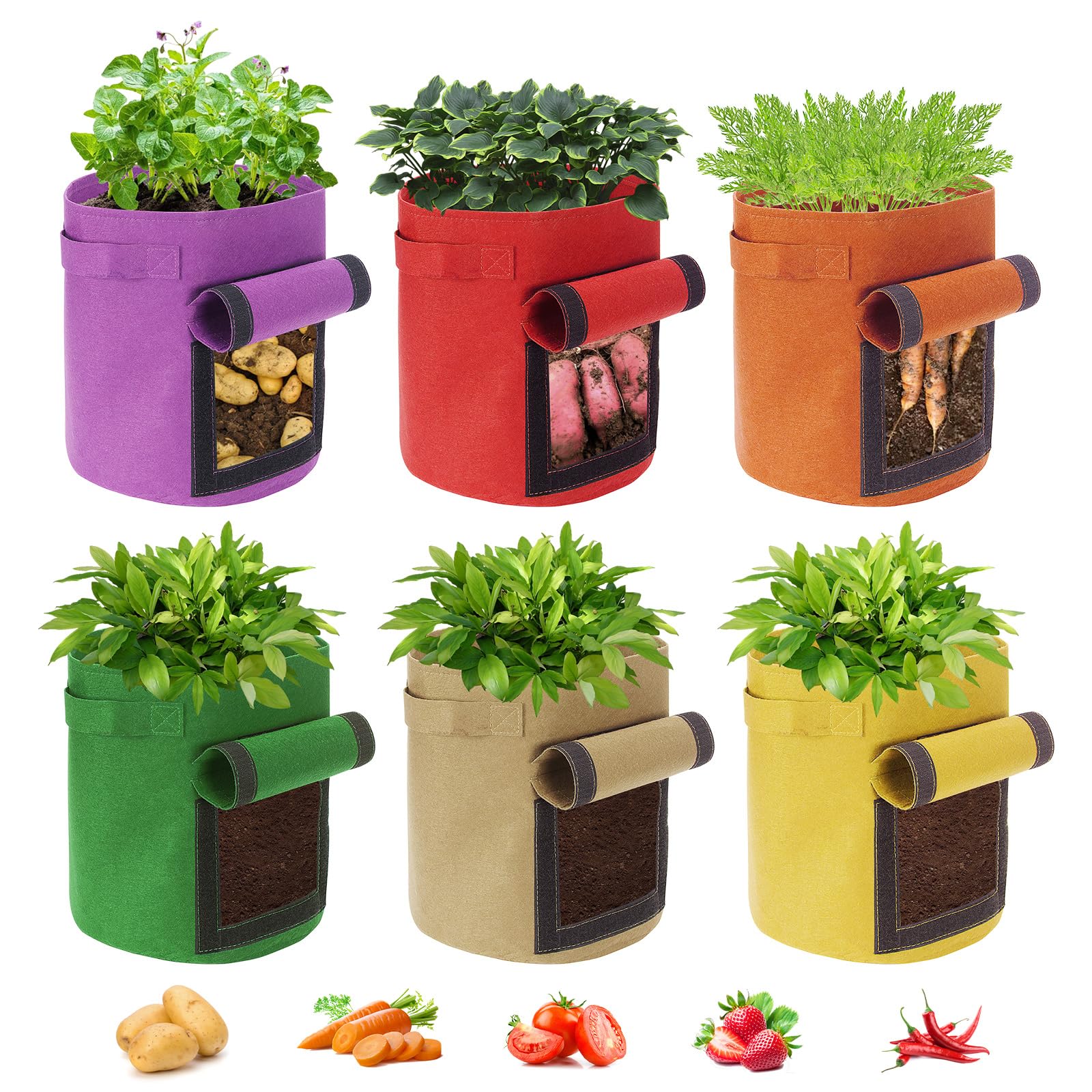 Lot de 6 sacs de culture de pommes de terre en tissu avec poignées et rabat de fenêtre, sacs de culture pour pommes de terre, tomates, carottes, oignons (48 l)