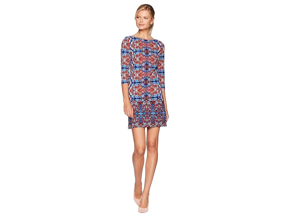 

London Times Kaleidoscope Long Sleeve Crepe Dress (Blue/Red) Women's Dress