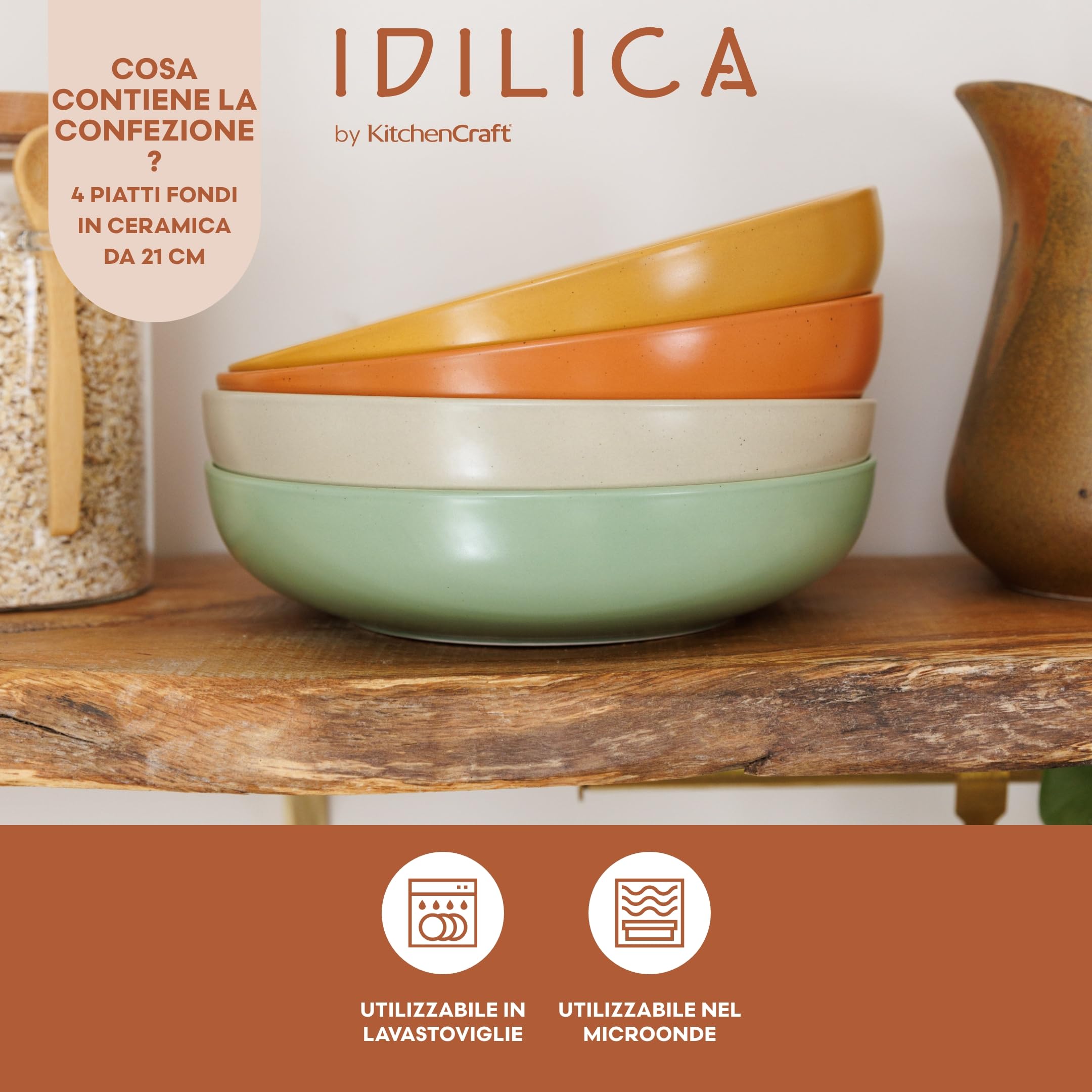 KitchenCraft Idilica Ciotole per pasta in gres, Set di 4 ciotole basse in ceramica, adatte al microonde e alla lavastoviglie, colori assortiti