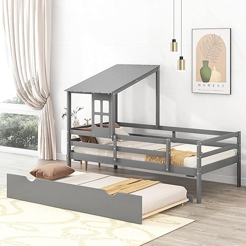 Miniatura 1 de Merax Cama moderna de madera maciza con cama nido, bonita plataforma para sala de estar, dormitorio, tamaño individual, gris