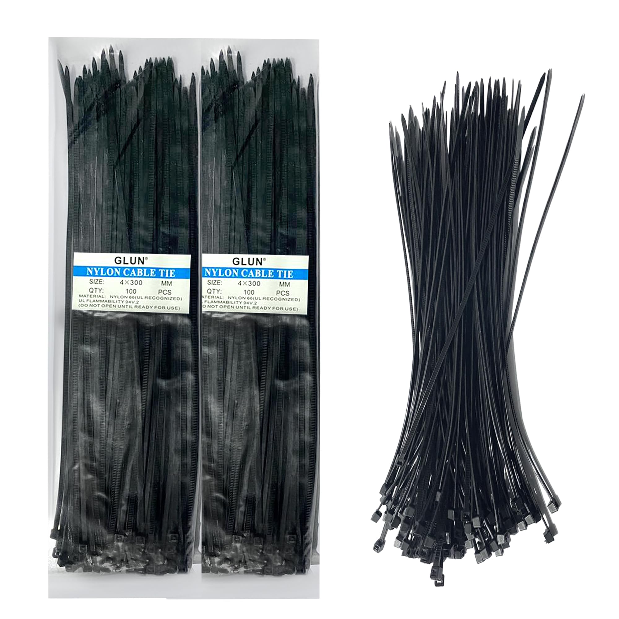 GLUN® Durable Nylon Cable Ties 4x300mm, 200 Pcs Strong Self-Locking Plastic Wire Ties for Organizing Cords Management, Plastic Wire Ties for Home, Office, Garden-image-46