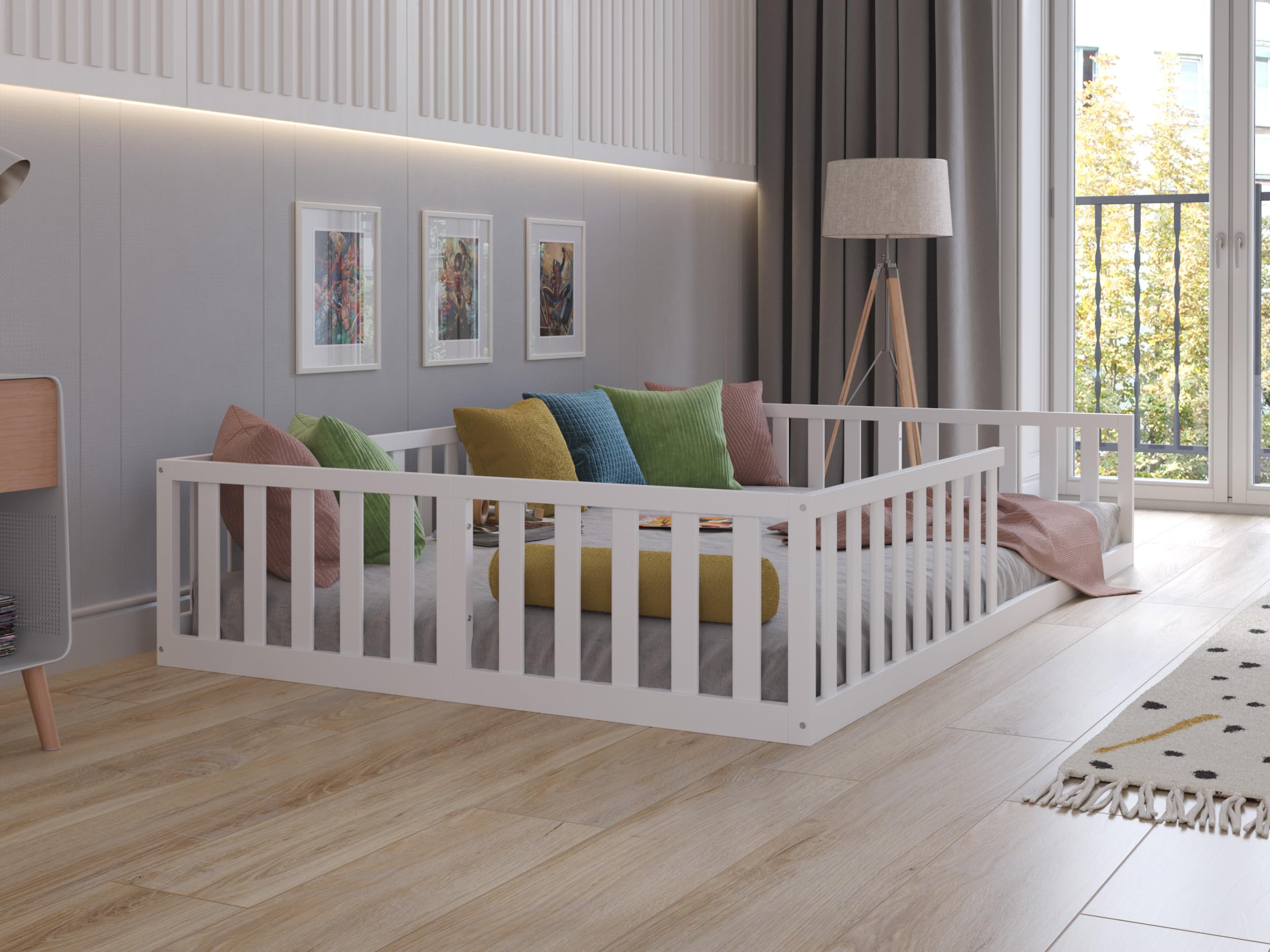 Love For Sleep Letto a pavimento bambini Bianco120x200cm Letto Montessori Costruzione Adatta ai Bambini, in legno, basso per bambini con doghe di legno