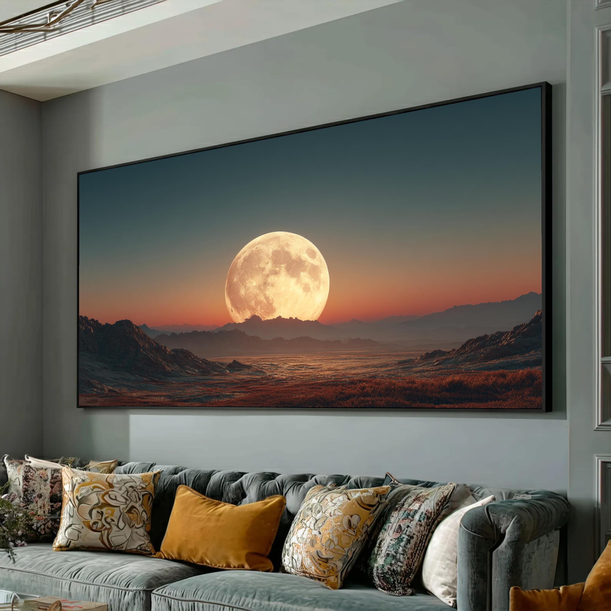 TONGYINLI Full Moon Rising Canvas Painting, Mountain Landscape Wall Art, Evening Sky Scene Canvas Prints(40x70cm/Internal Frame)