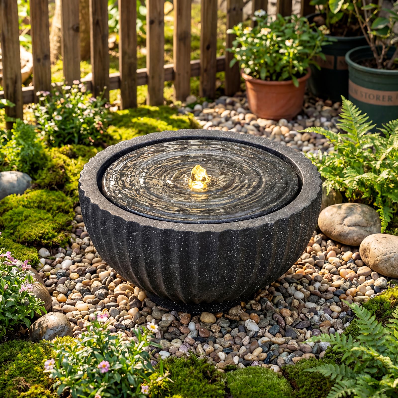 COSTWAY Fontana da Giardino, Fontanella Elettrica da Interno ed Esterno con Luci e Flusso d'Acqua Regolabile, Fontana a Forma di Ciotola con Effetto di Pietra da Terrazza e Balcone