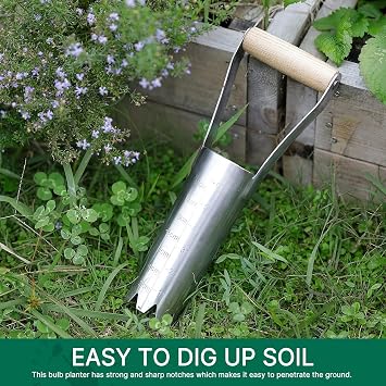 Berry&Bird Stainless Steel Bulb Planter with 6in/15cm Depth Mark, Garden Bulb Transplanter Tool with Wooden Handle, Release Tool for Transplanting Digging Planting Flowers