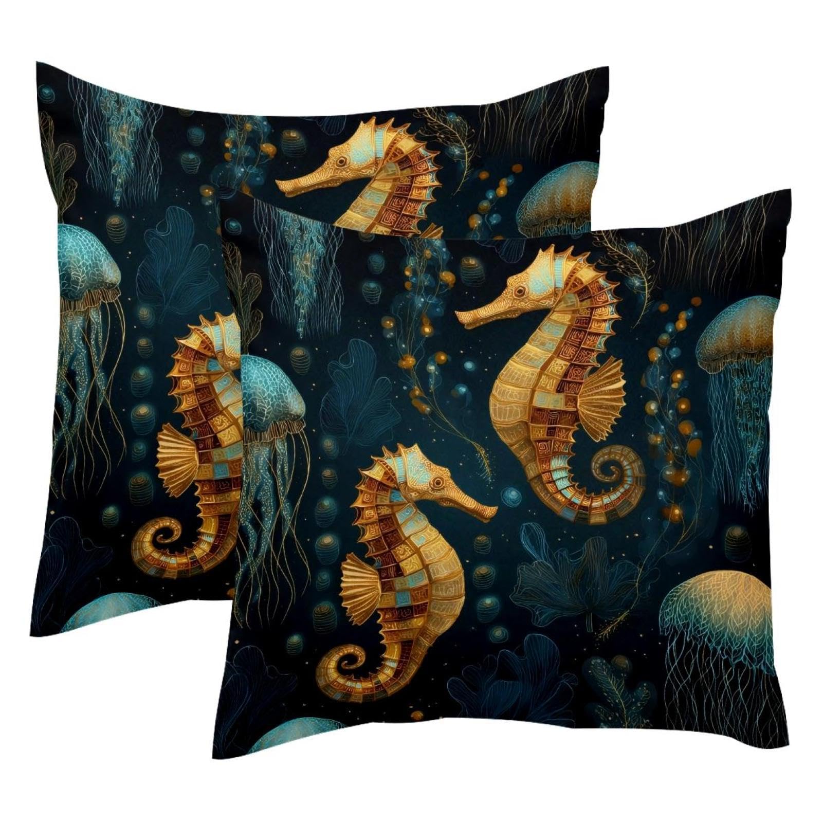 Housses de coussin salon velours motif hippocampe rétro chic 50cm